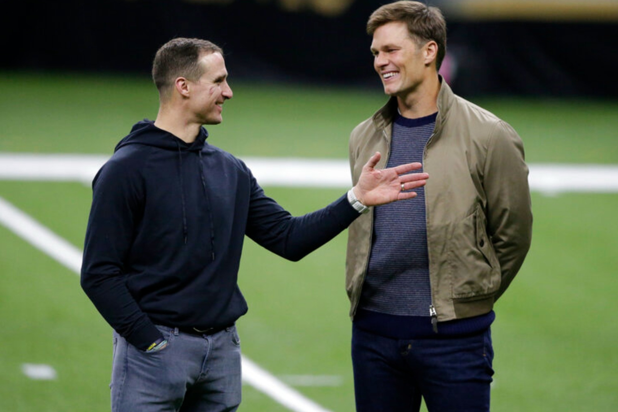 Drew Brees and Tom Brady after a game between the Bucs and the Saints in 2021