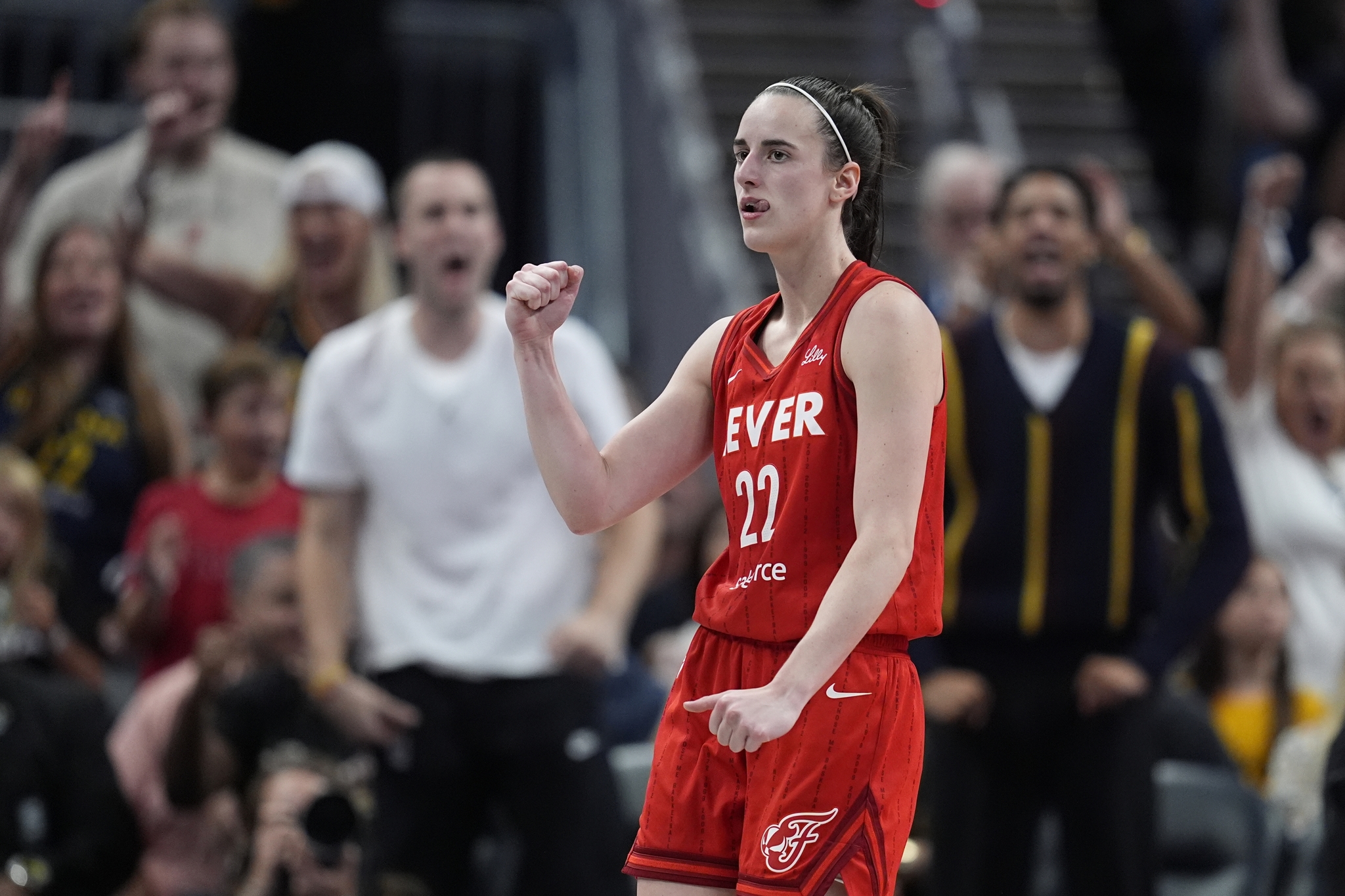 Indiana Fevers Caitlin Clark reacts during the second half of a WNBA basketball game against the Las Vegas Aces