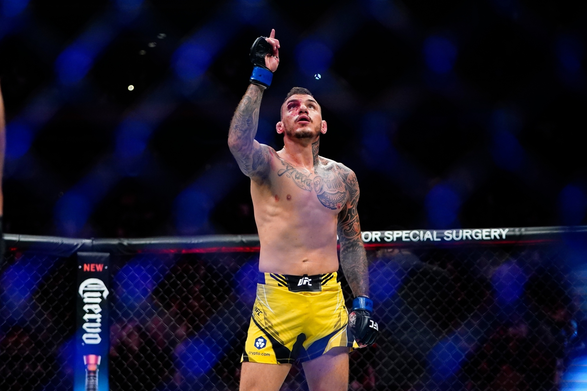 Brazils Renato Moicano celebrates after a lightweight bout against New Zealands Brad Riddell at the UFC 281 mixed martial arts event, Saturday, Nov. 12, 2022, in New York. Moicano stopped Riddell in the first round.