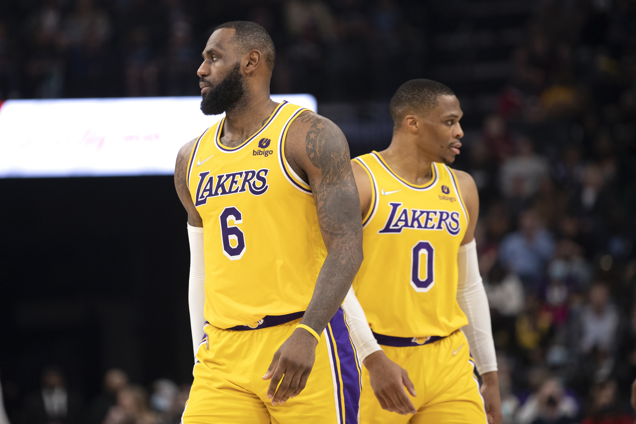 Los Angeles Lakers forward LeBron James (6) and guard Russell Westbrook move in different directions during a break in game action