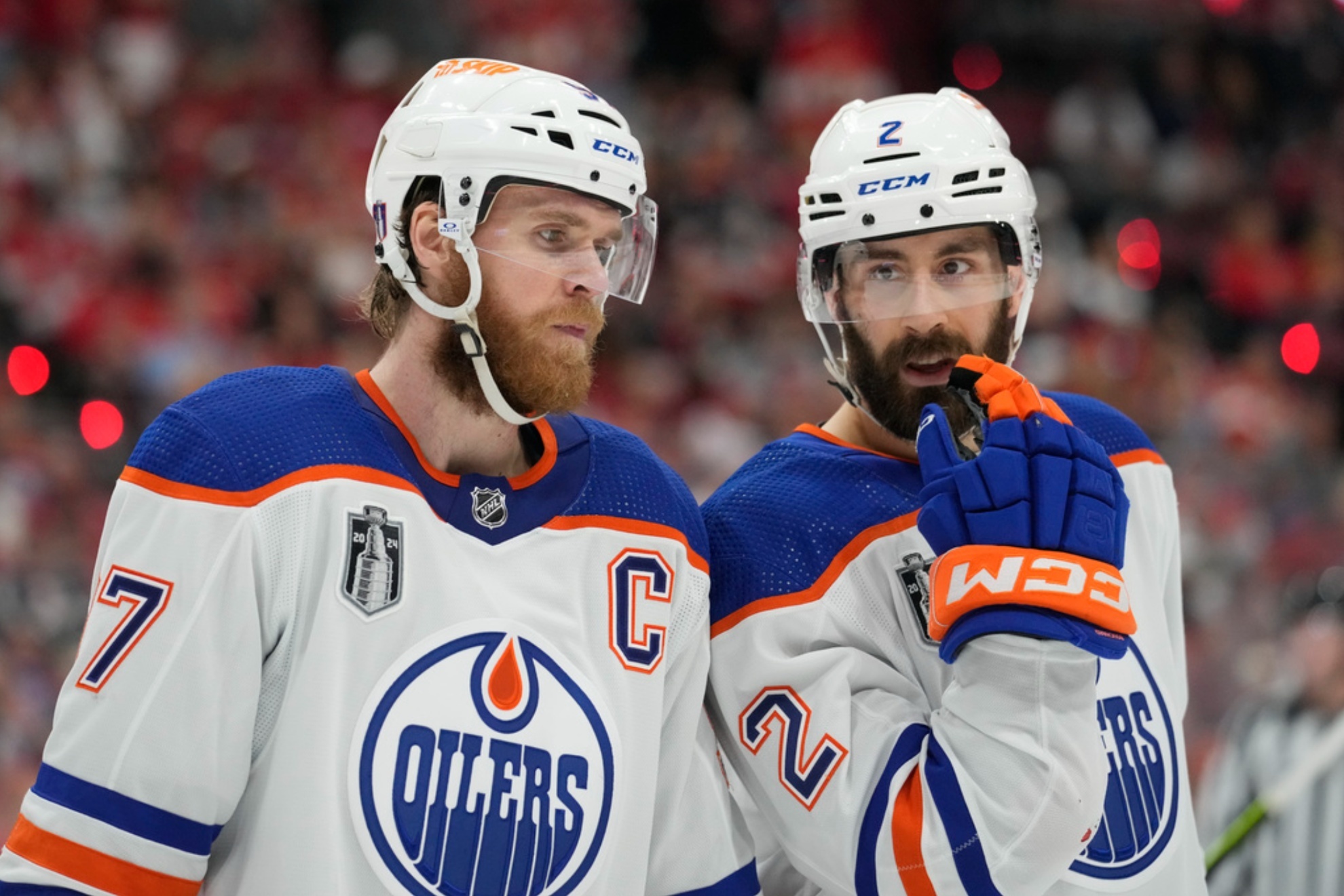 Edmonton Oilers Evan Bouchard and Connor McDavid in Game 7 of the Stanley Cup Final on June 24, 2024