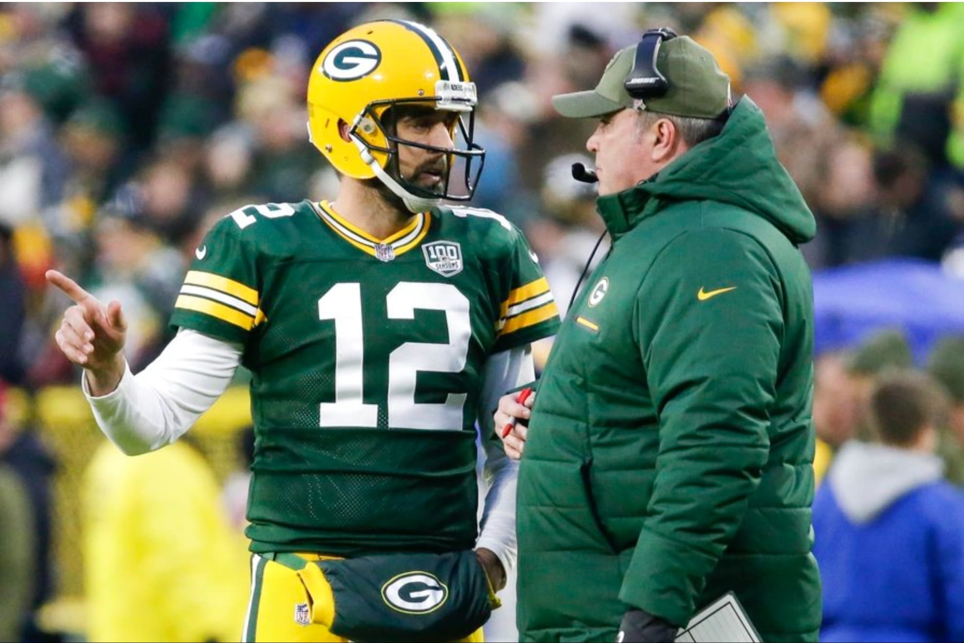Aaron Rodgers with Mike McCarthy in November 2018, when both were with the Green Bay Packers.