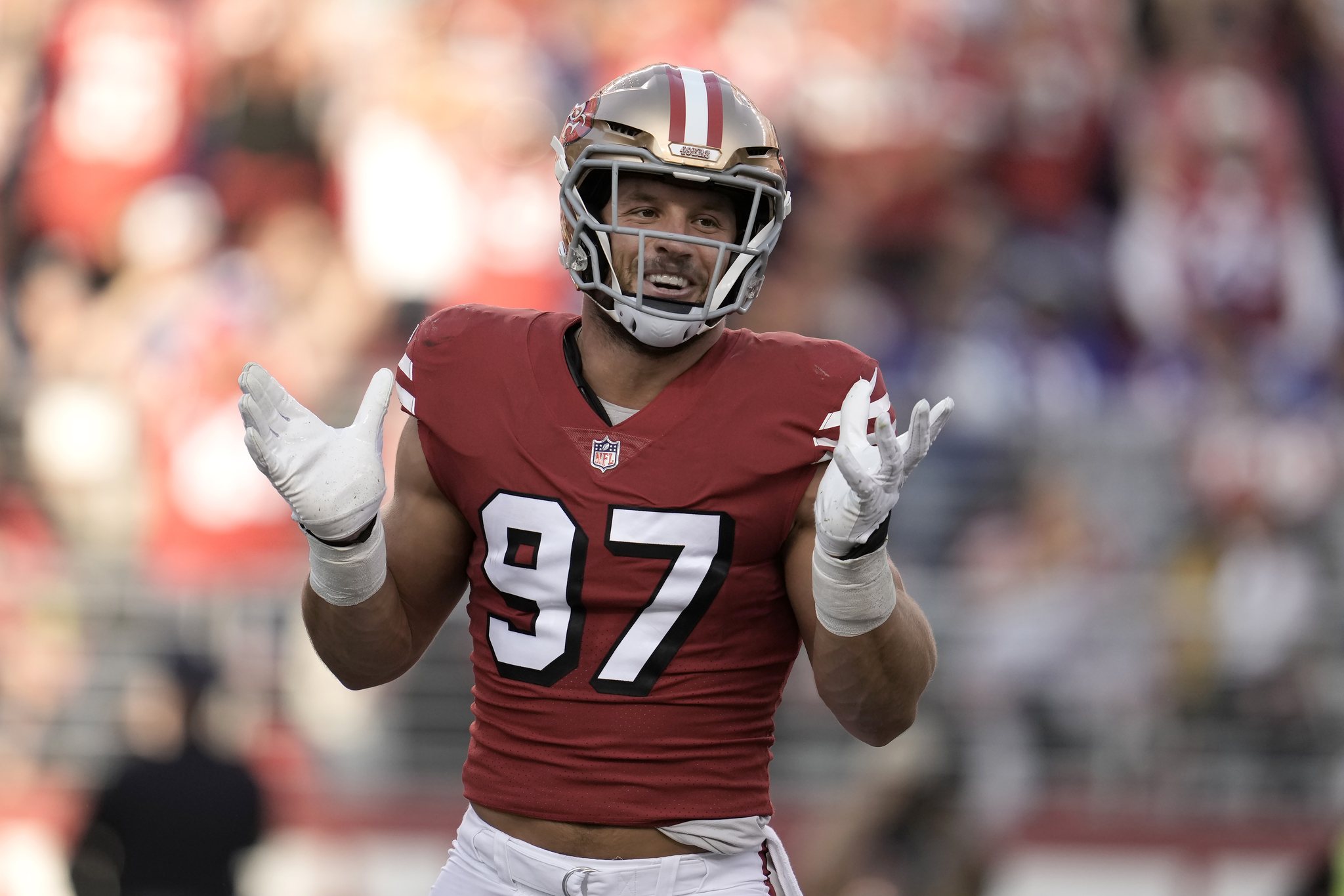 San Francisco 49ers defensive end Nick Bosa (97) gestures after sacking New York Giants quarterback Daniel Jones