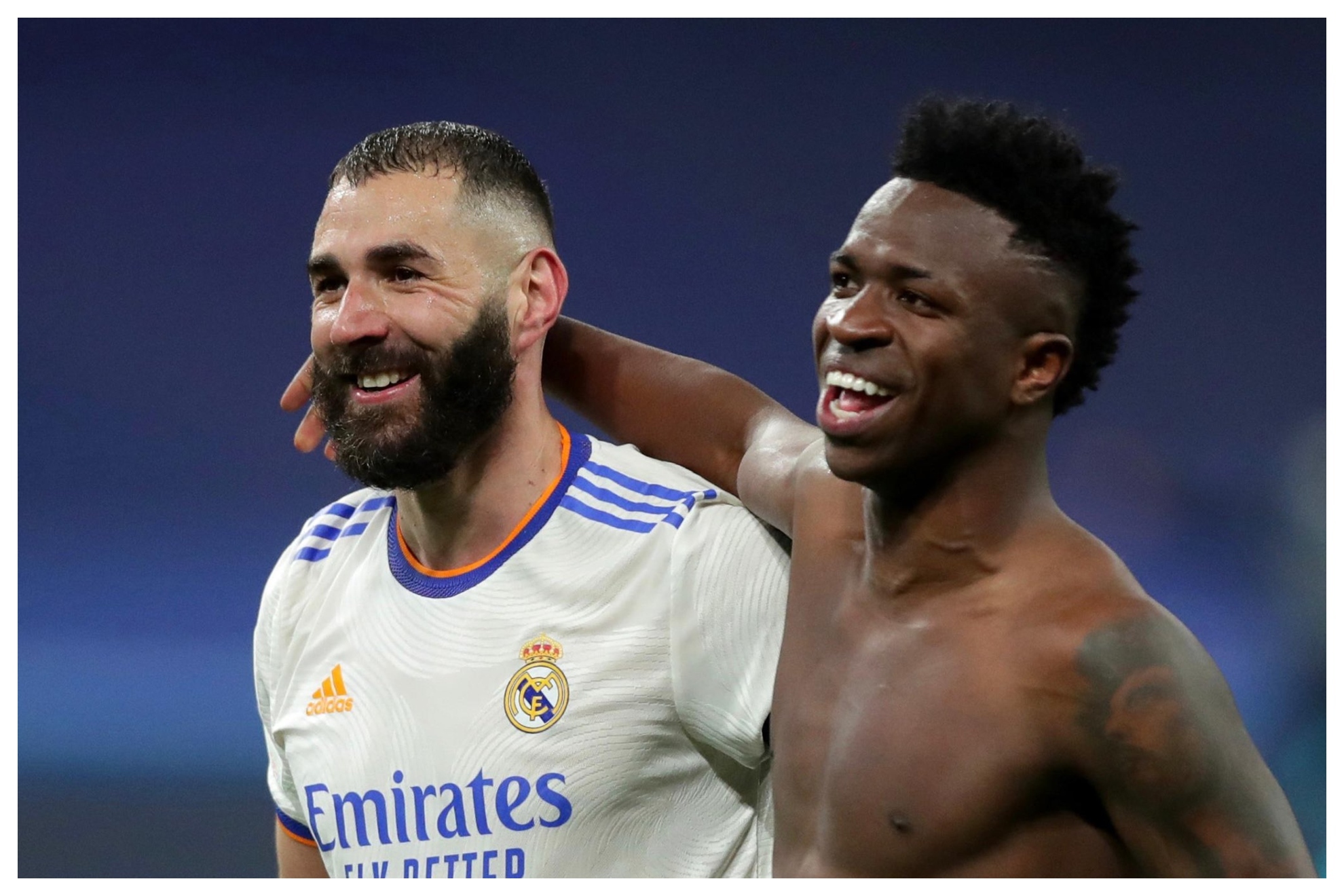 Karim Benzema and Vin�cius Jr after a game for Real Madrid back in 2022