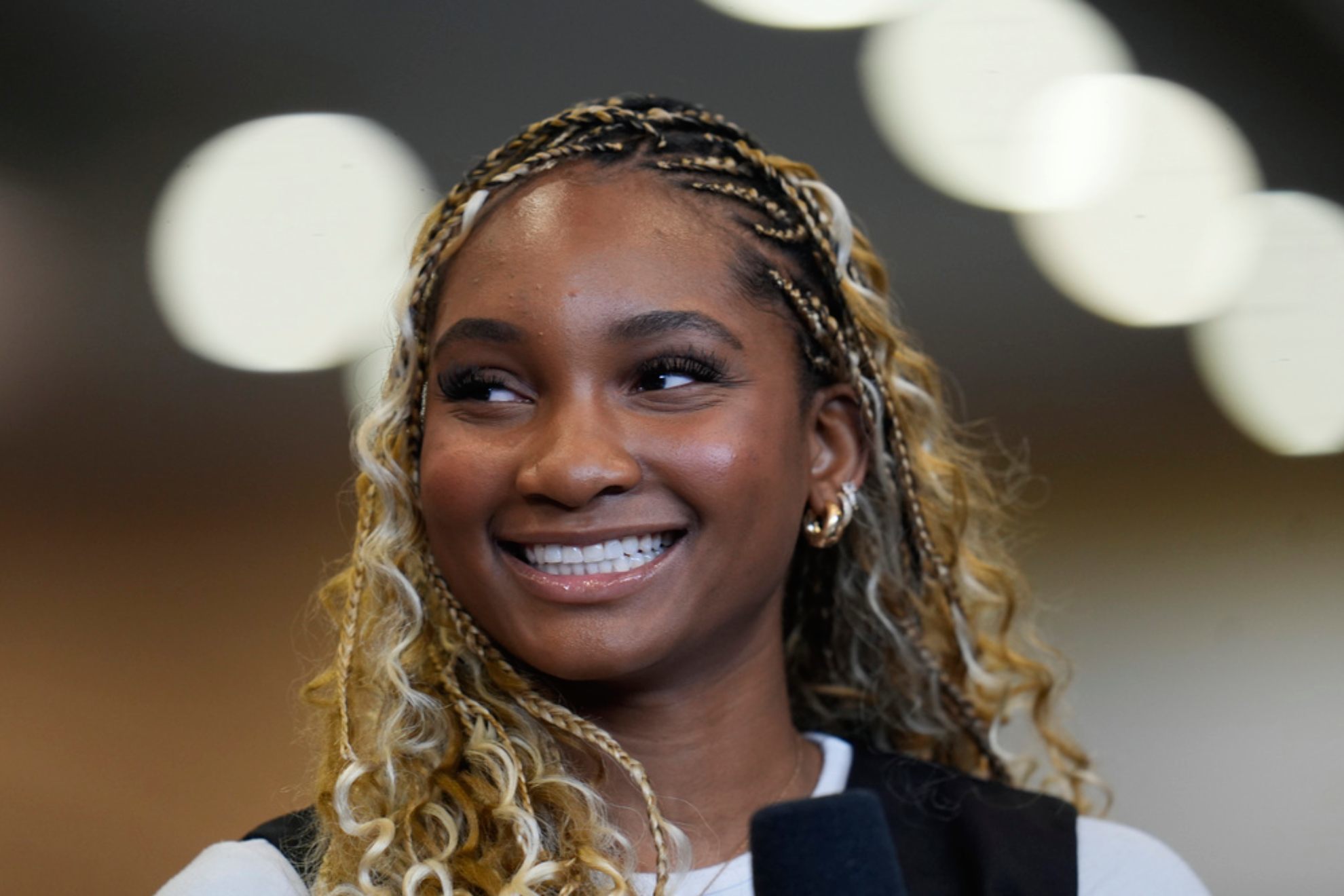 USCs Kiki Iriafen speaks during the Big Ten womens NCAA college basketball media day /