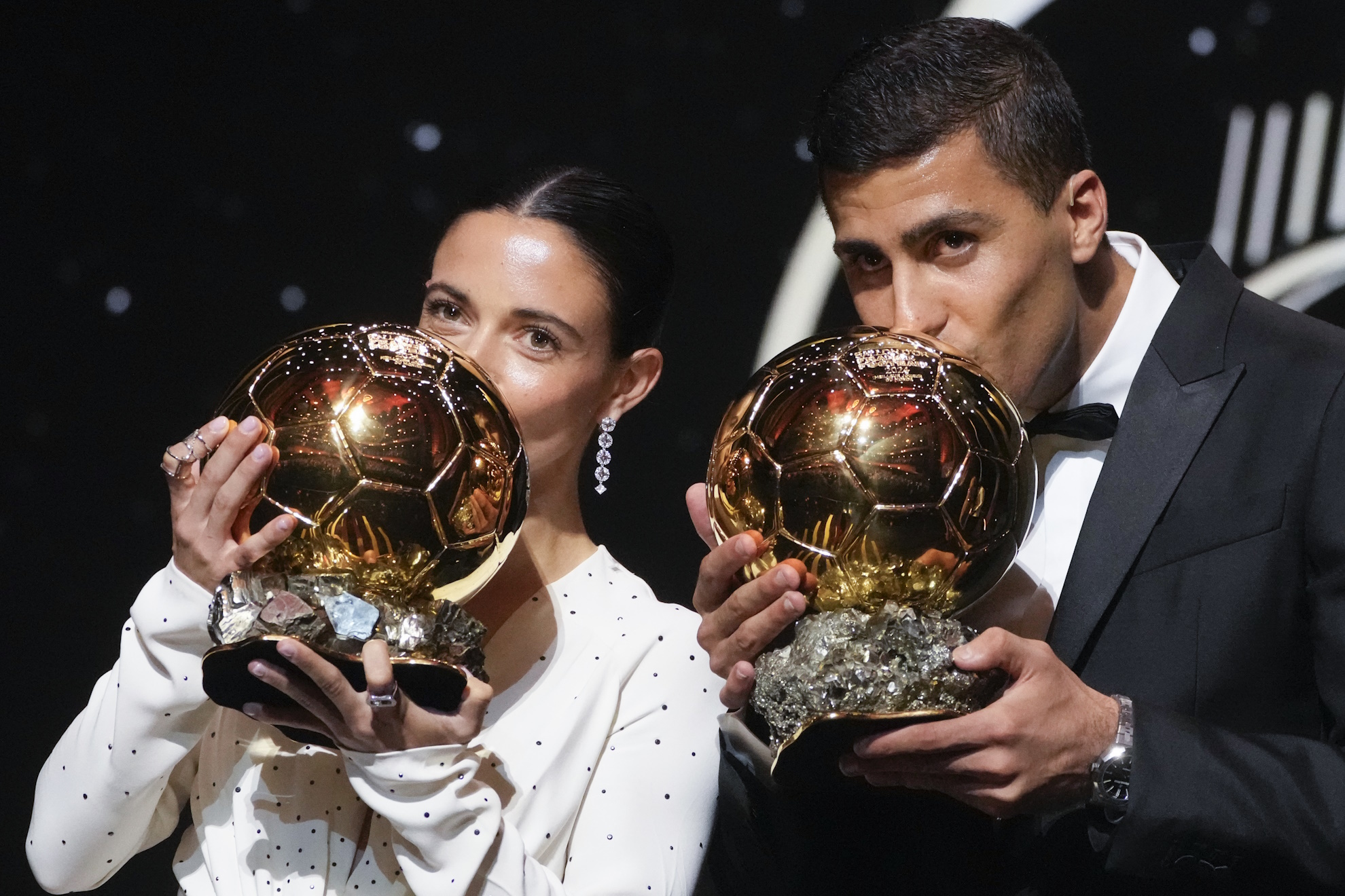 Soccer Aitana Bonmati FC Barcelona Rodri  Manchester City SpanishBallon dOr 2024 trophies 68th Golden Ball award ceremony Theatre du Chatelet Paris
