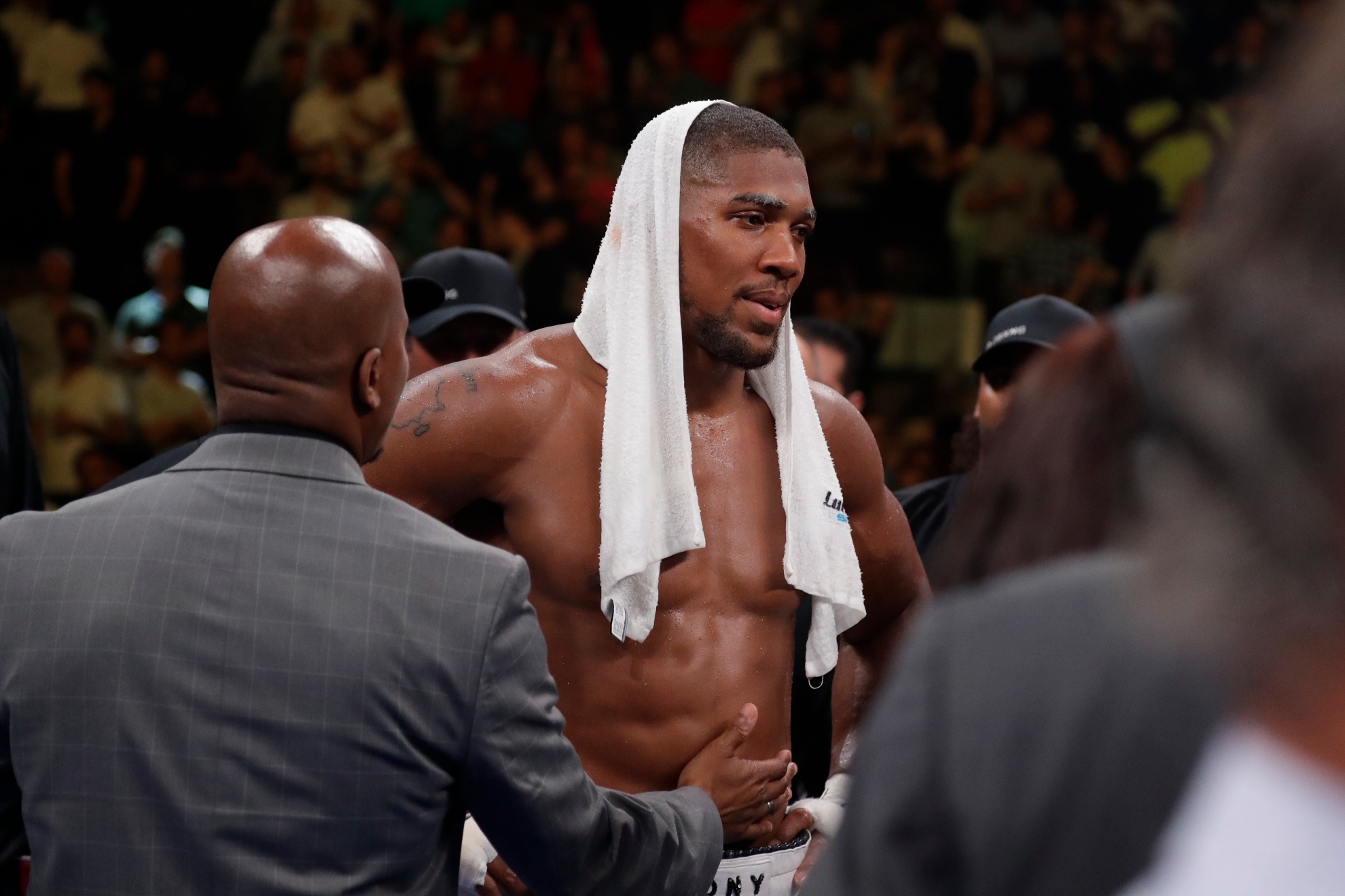 British boxer Anthony Joshua reacts after a heavyweight championship boxing match against Andy Ruiz Saturday, June 1, 2019, in New York. Ruiz stopped Joshua in the seventh round.