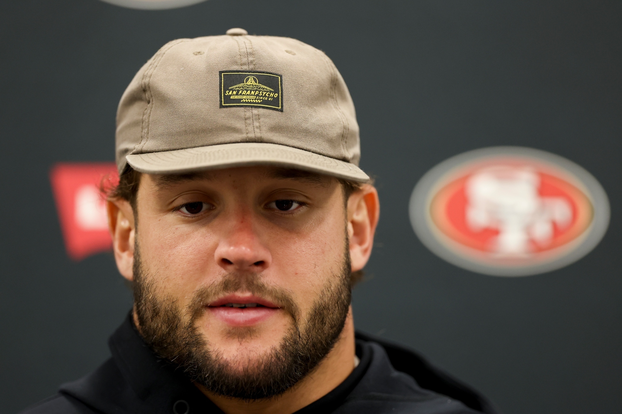 San Francisco 49ers defensive end Nick Bosa speaks at a news conference after an NFL football game against the Los Angeles Rams, Sunday, Sept. 22, 2024, in Inglewood, Calif. (AP Photo/Ryan Sun)