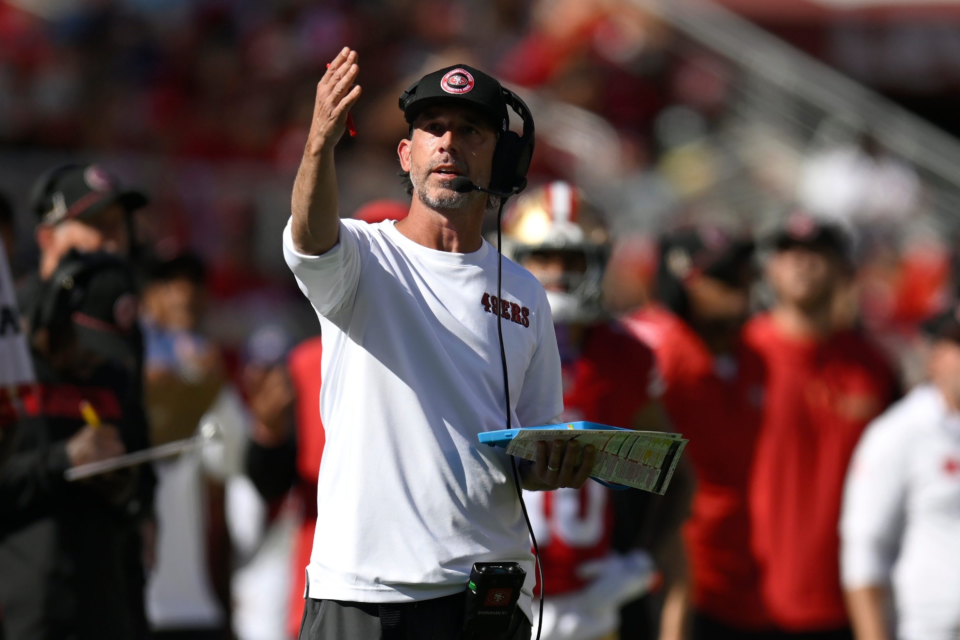 San Francisco 49ers head coach Kyle Shanahan gestures from the sideline during the first half of an NFL football game against the Kansas City Chiefs in Santa Clara, Calif., Sunday, Oct. 20, 2024.