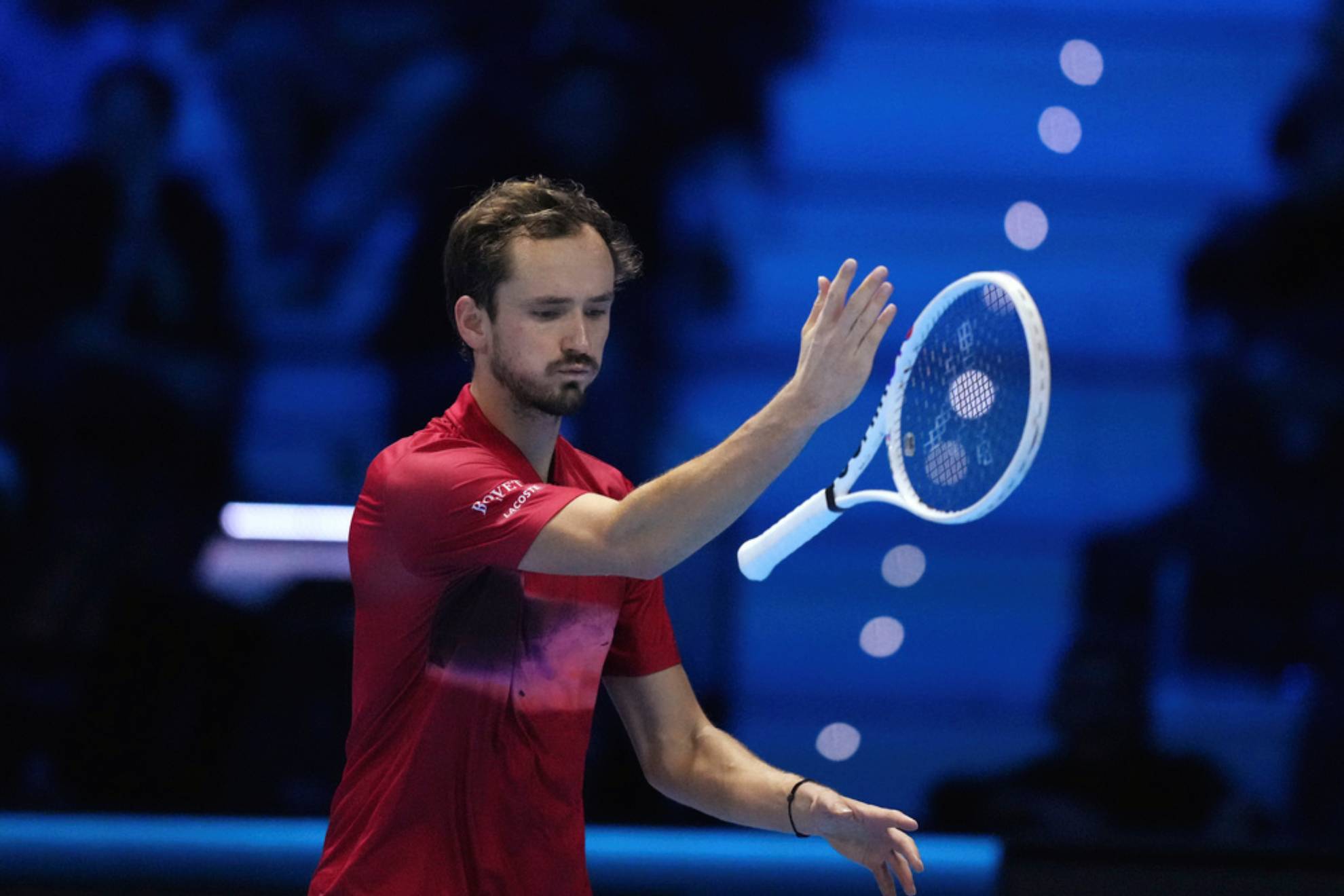 Daniil Medvedev reacts during the singles tennis match of the ATP World Tour Finals against Taylor Fritz