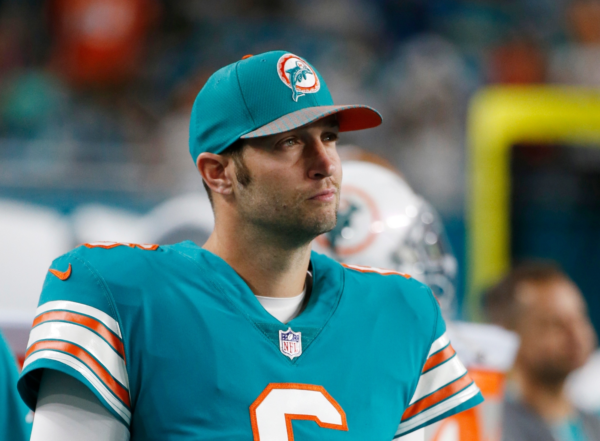 In this Dec. 31, 2017, photo, Miami Dolphins quarterback Jay Cutler (6) looks from the sidelines, during the first half of an NFL football game against the Buffalo Bills in Miami Gardens, Fla. Reality TV star Kristin Cavallari and former Chicago Bears quarterback Cutler are getting divorced. Cavallari announced Sunday, April 26, 2020, in an Instagram post that the couple are breaking up after after seven years of marriage and a decade together.