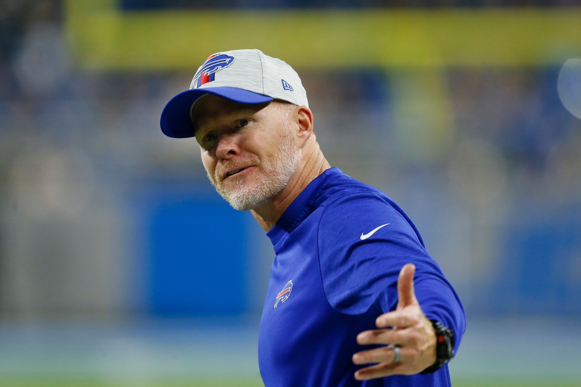 Buffalo Bills head coach Sean McDermott is seen on the sideline during the second half of a preseason NFL football game against the Detroit Lions, Friday, Aug. 13, 2021, in Detroit.