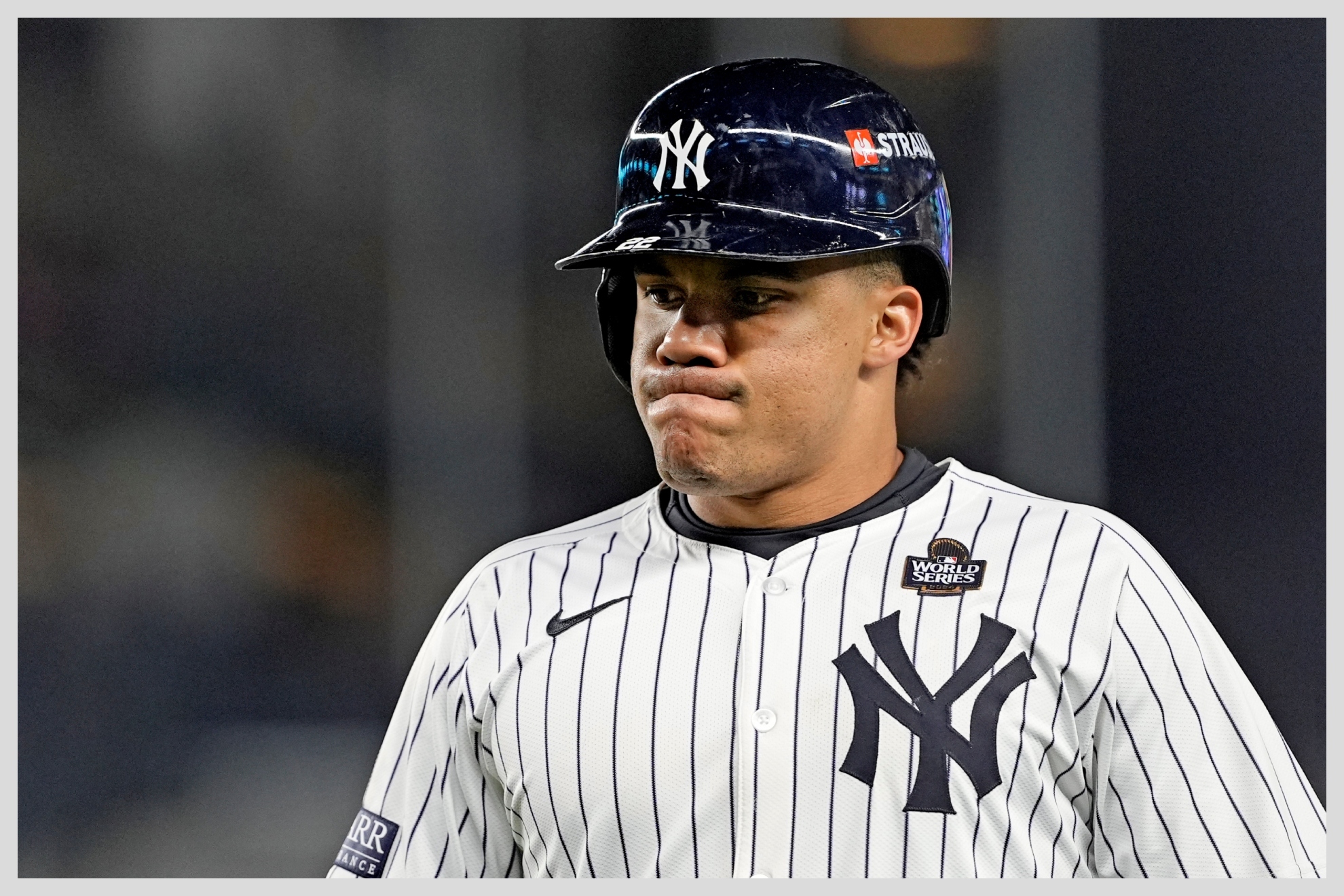 New York Yankees Juan Soto reacts after flying out against the Los Angeles Dodgers during the eighth inning in Game 3 of the baseball World Series, Monday, Oct. 28, 2024, in New York.