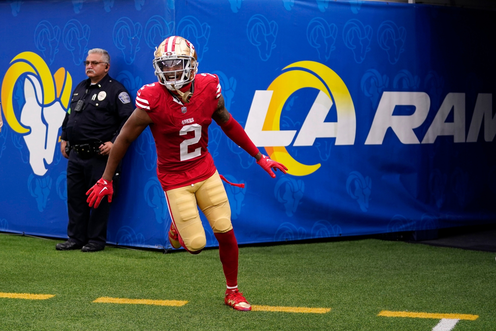 San Francisco 49ers cornerback Deommodore Lenoir, right, celebrates after intercepting a pass during the second half of an NFL football game against the Los Angeles Rams Sunday, Sept. 17, 2023, in Inglewood, Calif.