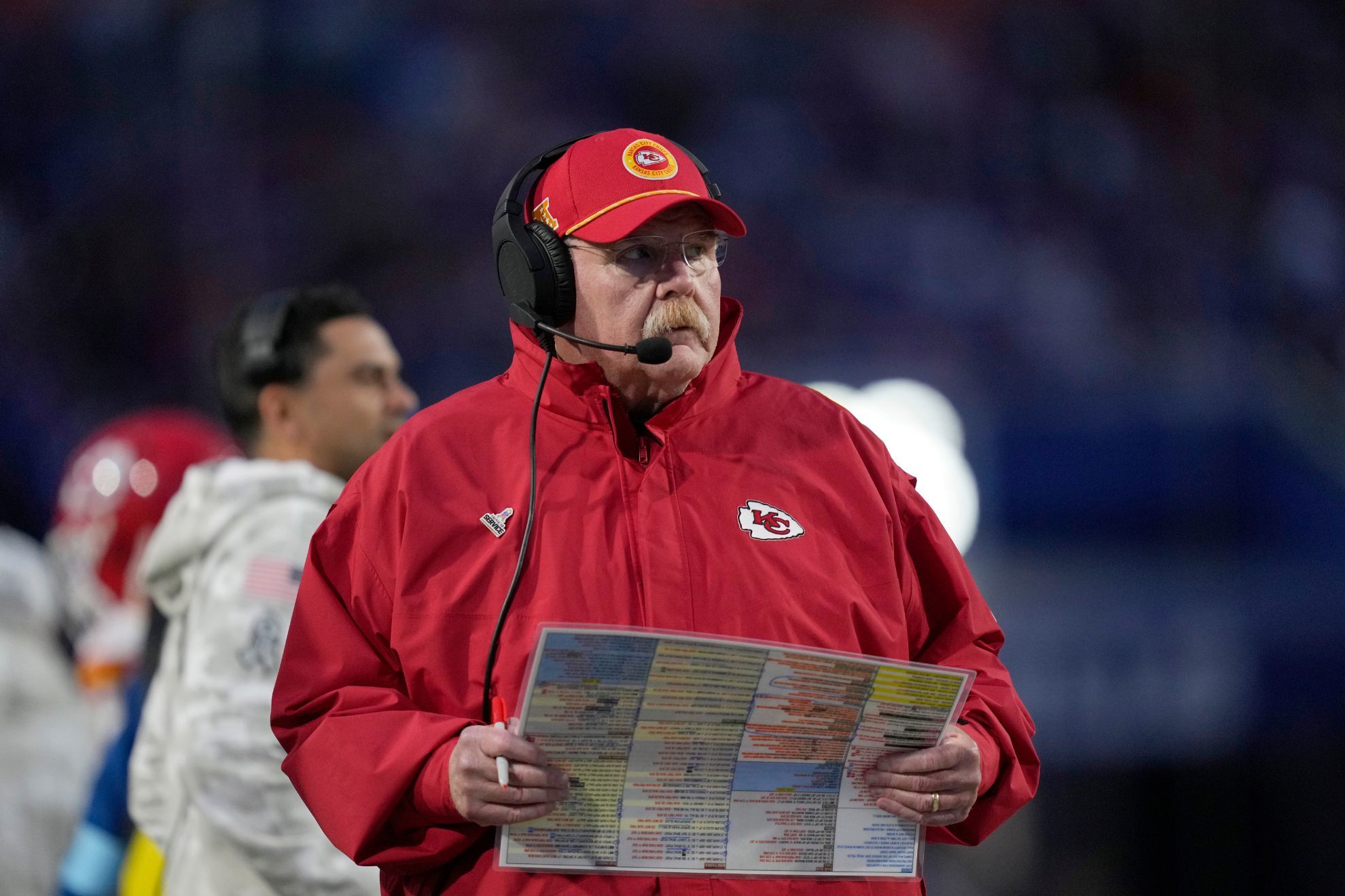 Coach Andy Reid at Chiefs game at Highmark Stadium, Buffalo against Bills, 2024.