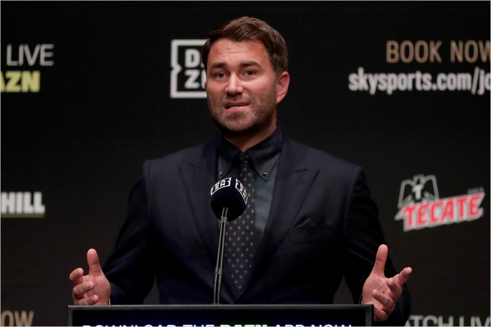 Boxing promoter Eddie Hearn speaks during a press conference ahead of a heavyweight bout between Anthony Joshua and Andy Ruiz