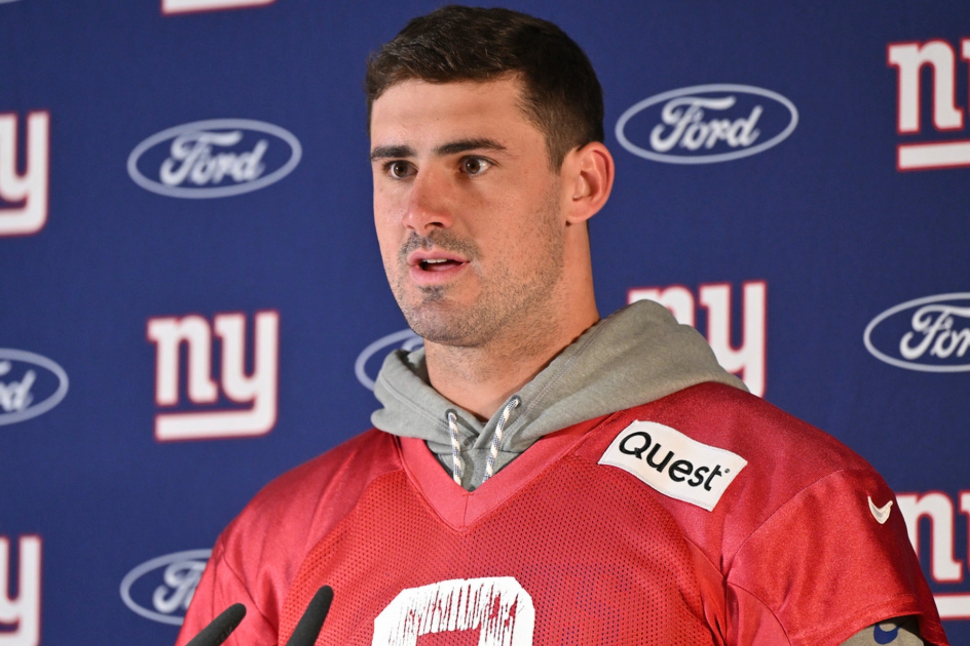Quarterback Daniel Jones during his last press conference as a New York Giant