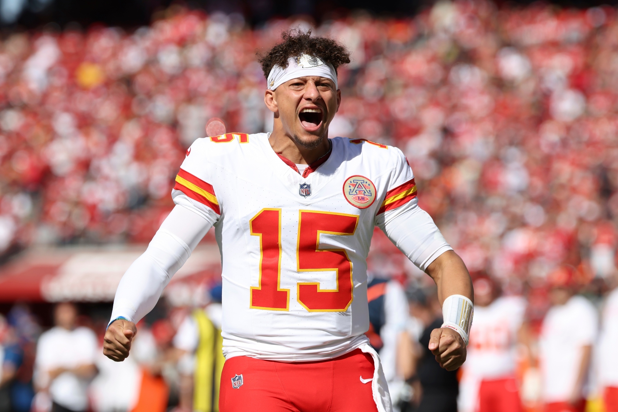 Kansas City Chiefs quarterback Patrick Mahomes (15) reacts before an NFL football game against the San Francisco 49ers in Santa Clara, Calif., Sunday, Oct. 20, 2024.AP Photo/Jed Jacobsohn)