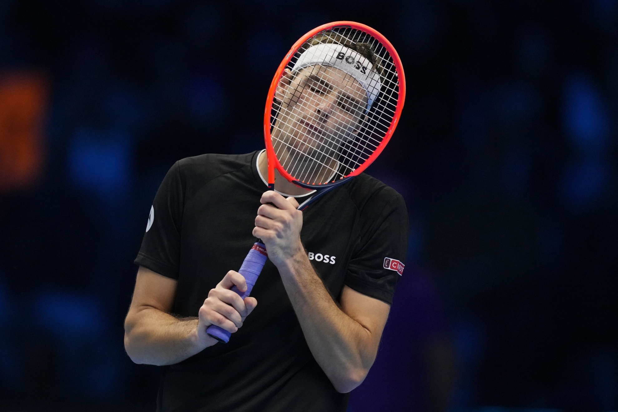 Taylor Fritz of the United States reacts during the final match of the ATP World Tour Finals against Italys Jannik Sinner at the Inalpi Arena, in Turin, Italy, Sunday, Nov. 17, 2024.