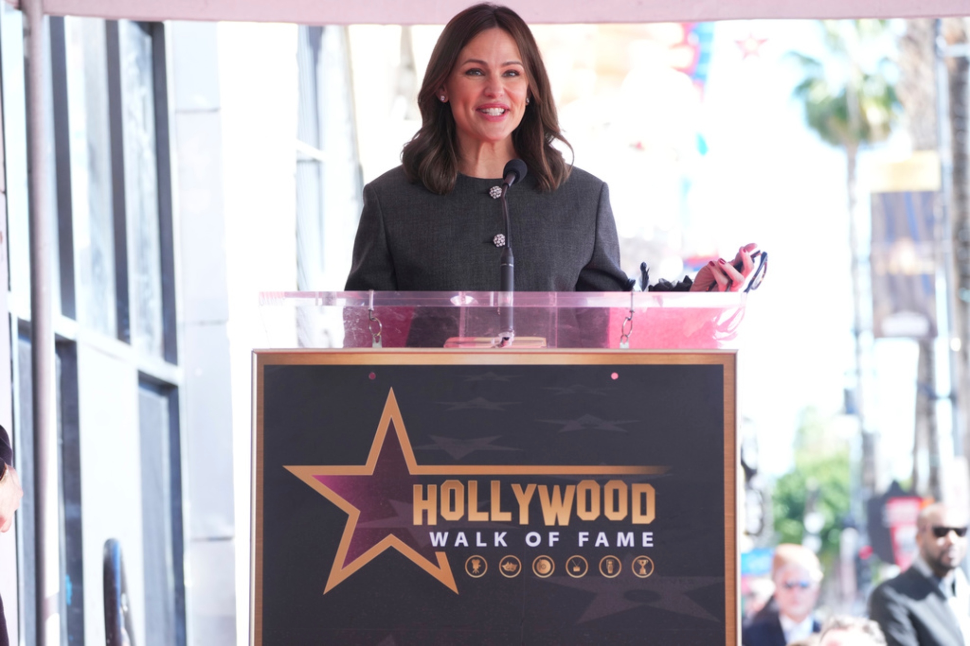 Jennifer Garner attends a ceremony honoring Mark Ruffalo with a star on the Hollywood Walk of Fame.