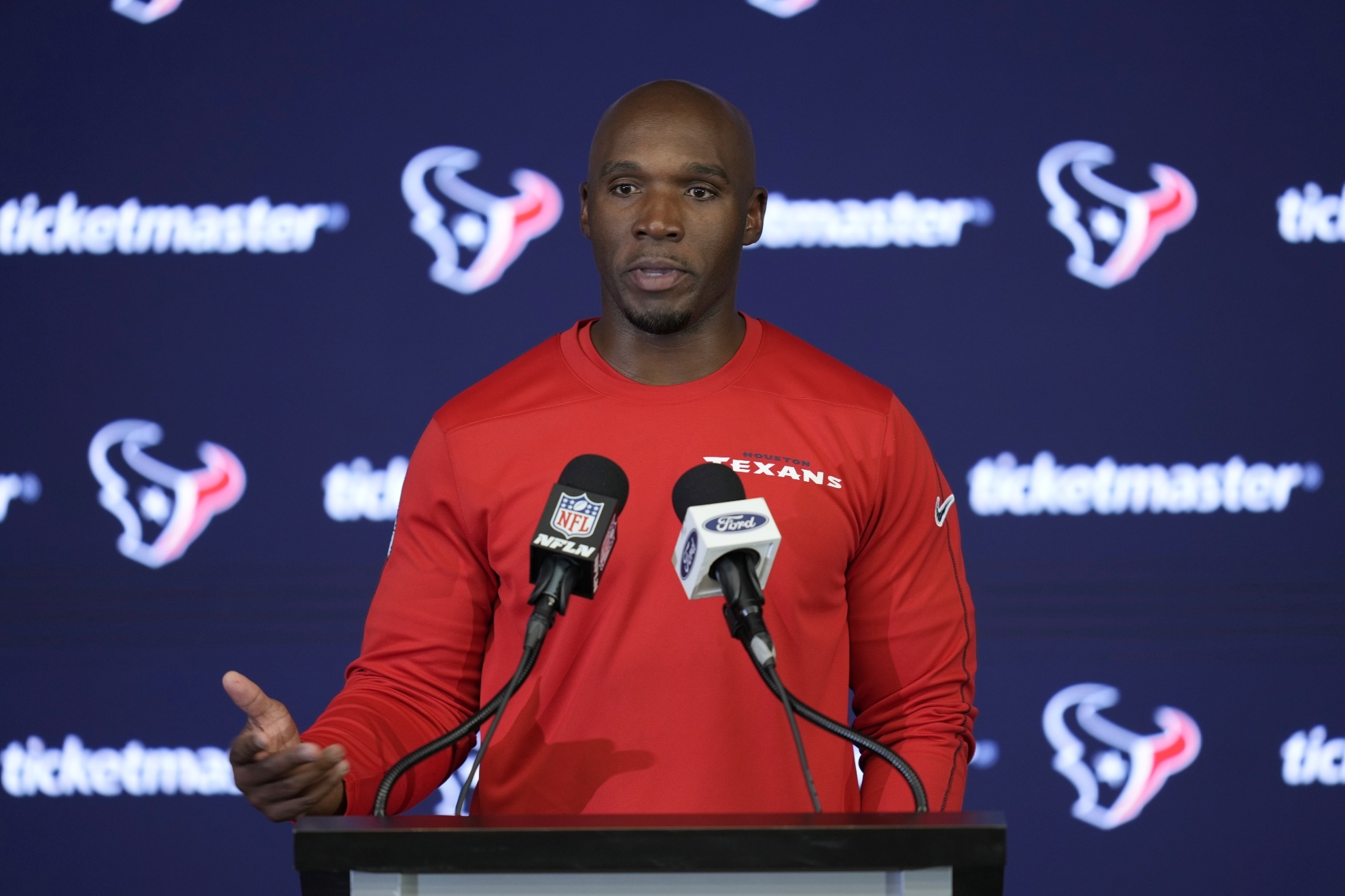 Texans head coach DeMeco Ryans speaks to reporters after an NFL football game against the Tennessee Titans Sunday, Nov. 24, 2024, in Houston.