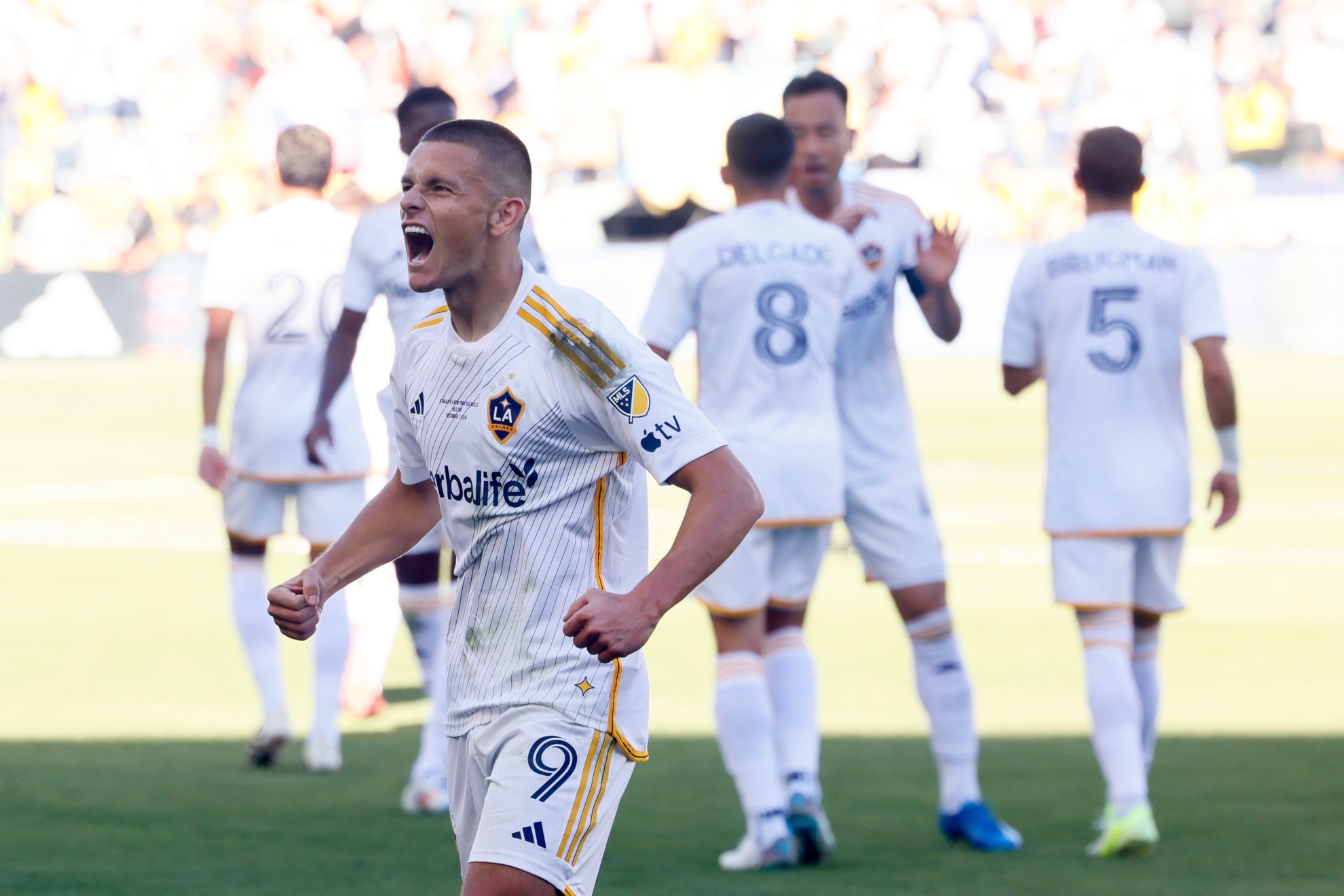 Los Angeles Galaxy forward Dejan Joveljic celebrates after scoring a goal during the first half of the MLS Cup