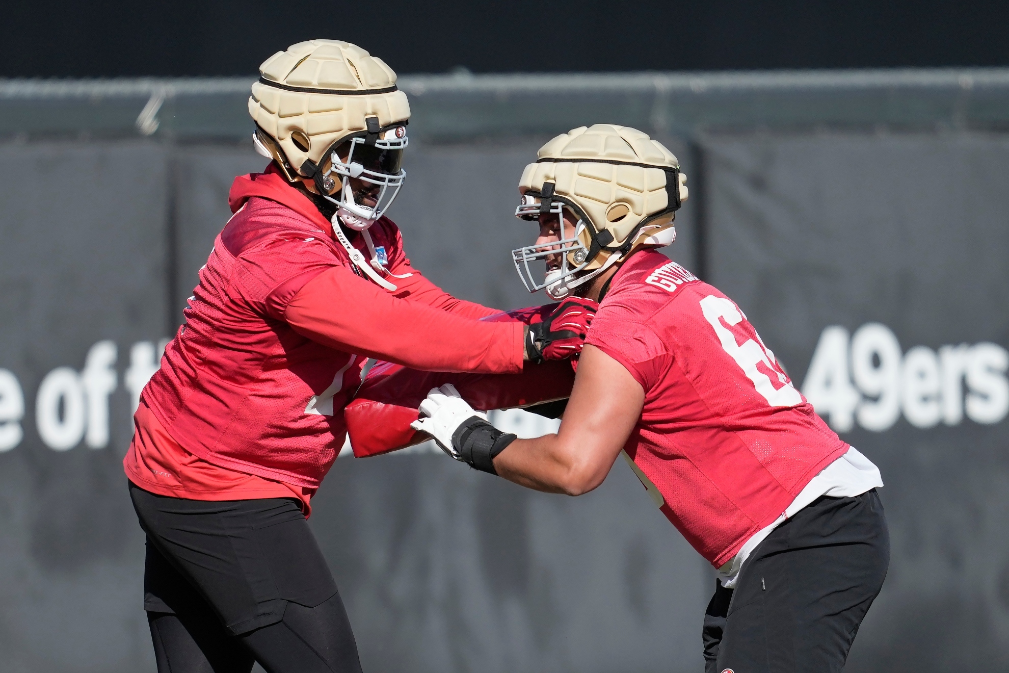 San Francisco 49ers offensive tackle Trent Williams, performs drills with Sebastian Gutierrez during a teaml practice