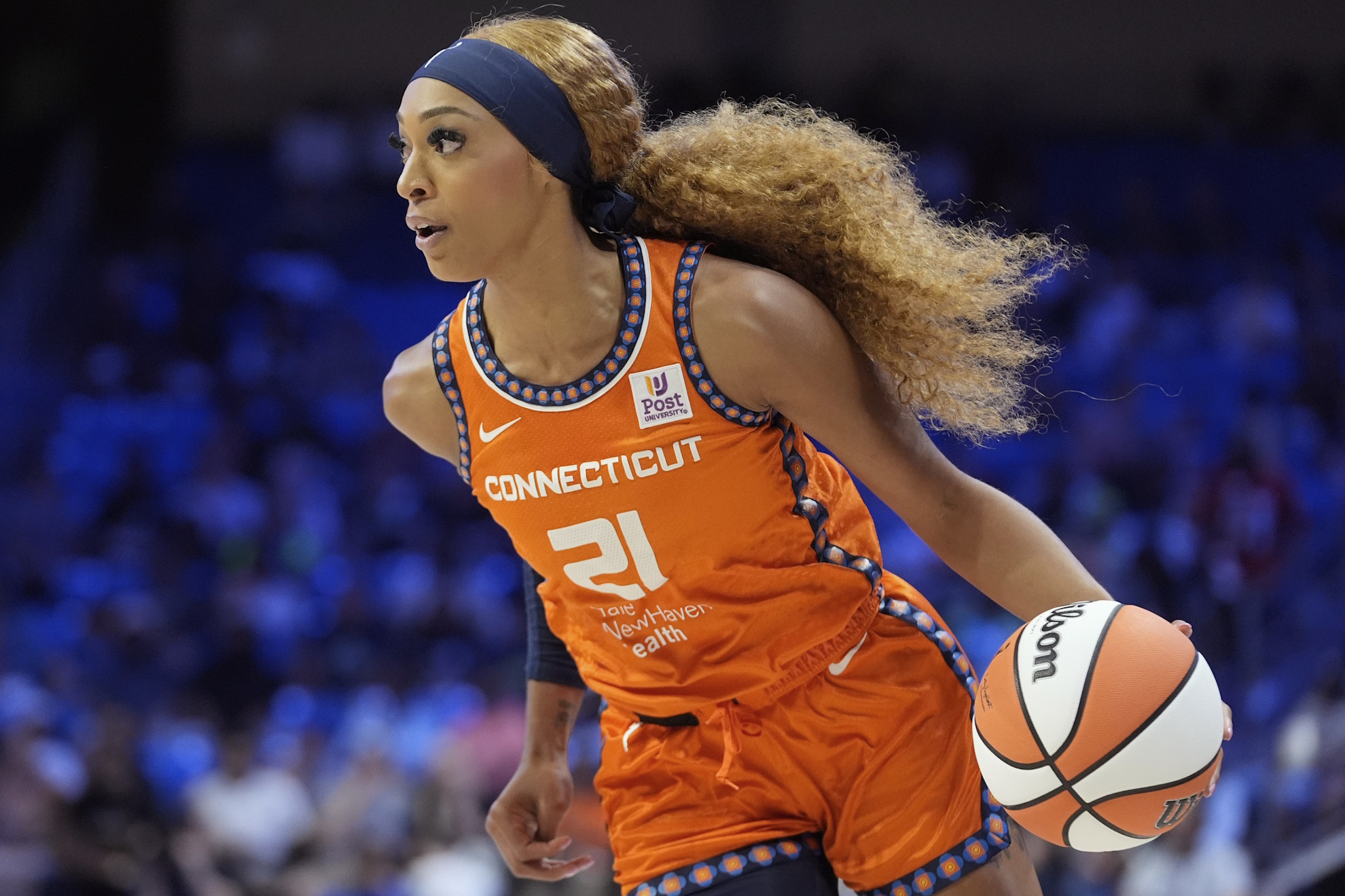 Connecticut Sun guard DiJonai Carrington WNBA basketball game Dallas Wings Arlington Texas