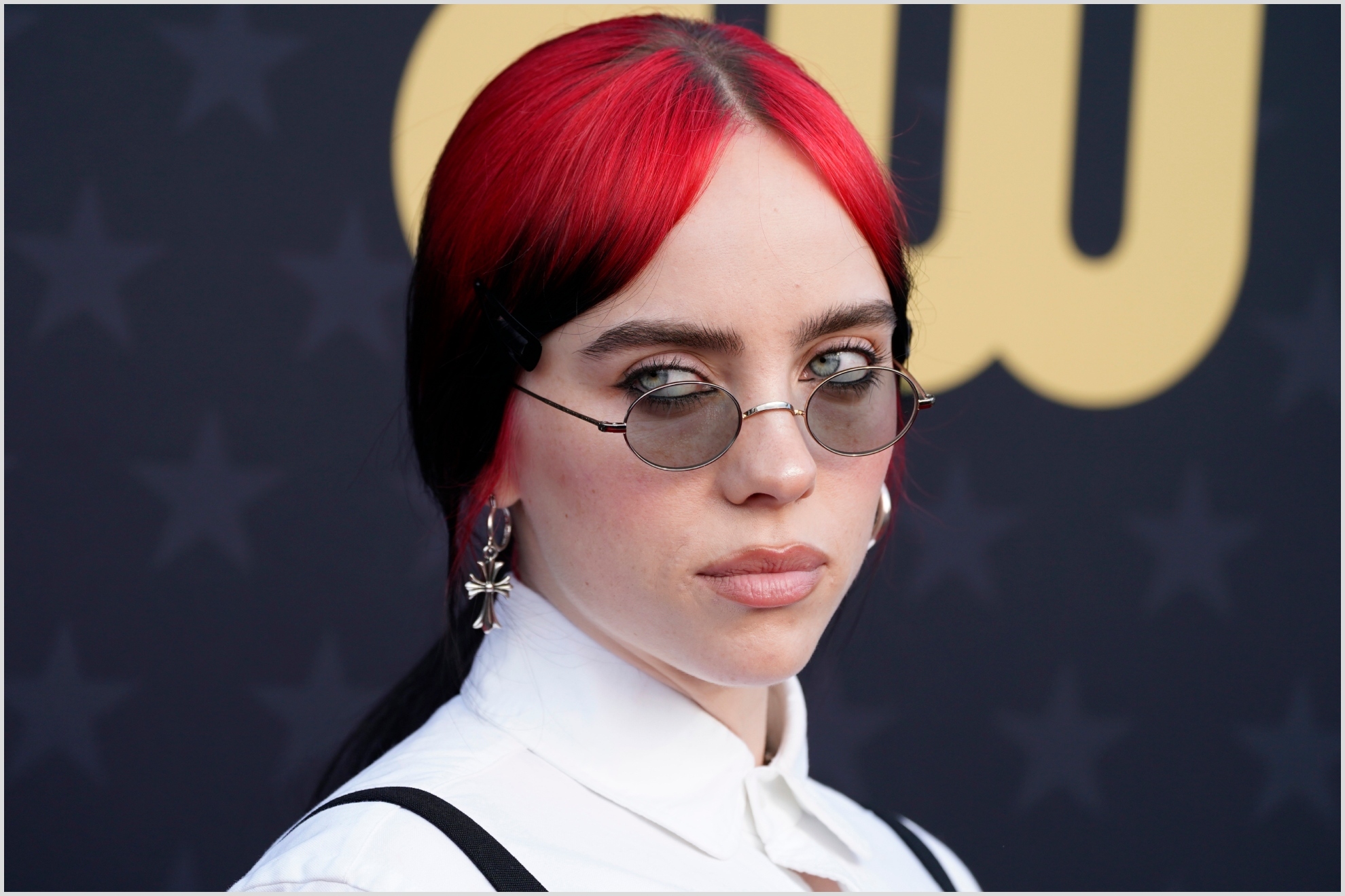 Billie Eilish arrives at the 29th Critics Choice Awards on Sunday, Jan. 14, 2024, at the Barker Hangar in Santa Monica, Calif