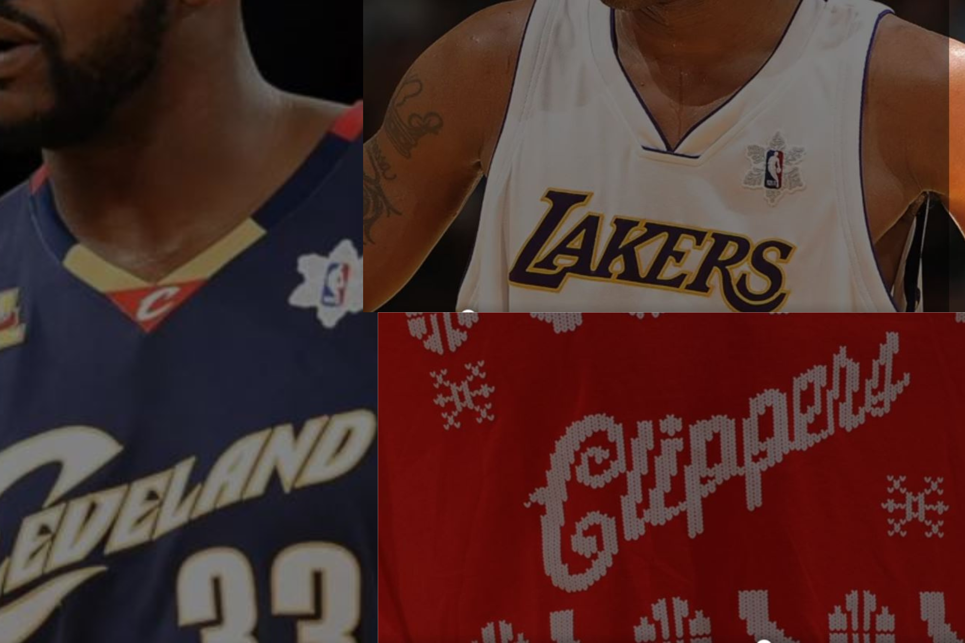 Christmas designs for Cavaliers, Lakers and Clippers jerseys.