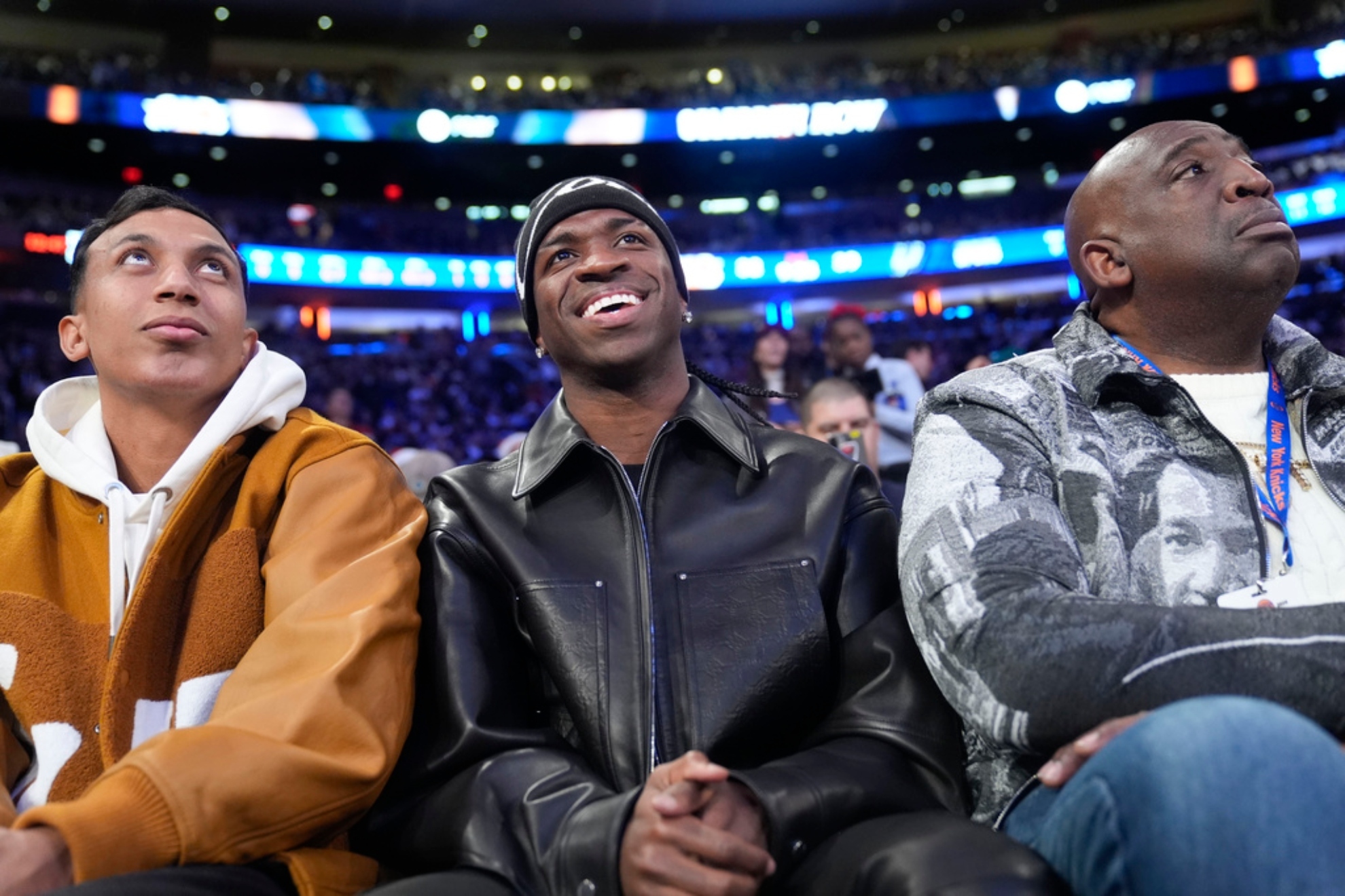 Brazilian soccer player Vin�cius J�nior attends an NBA basketball game between the Knicks and the Spurs.