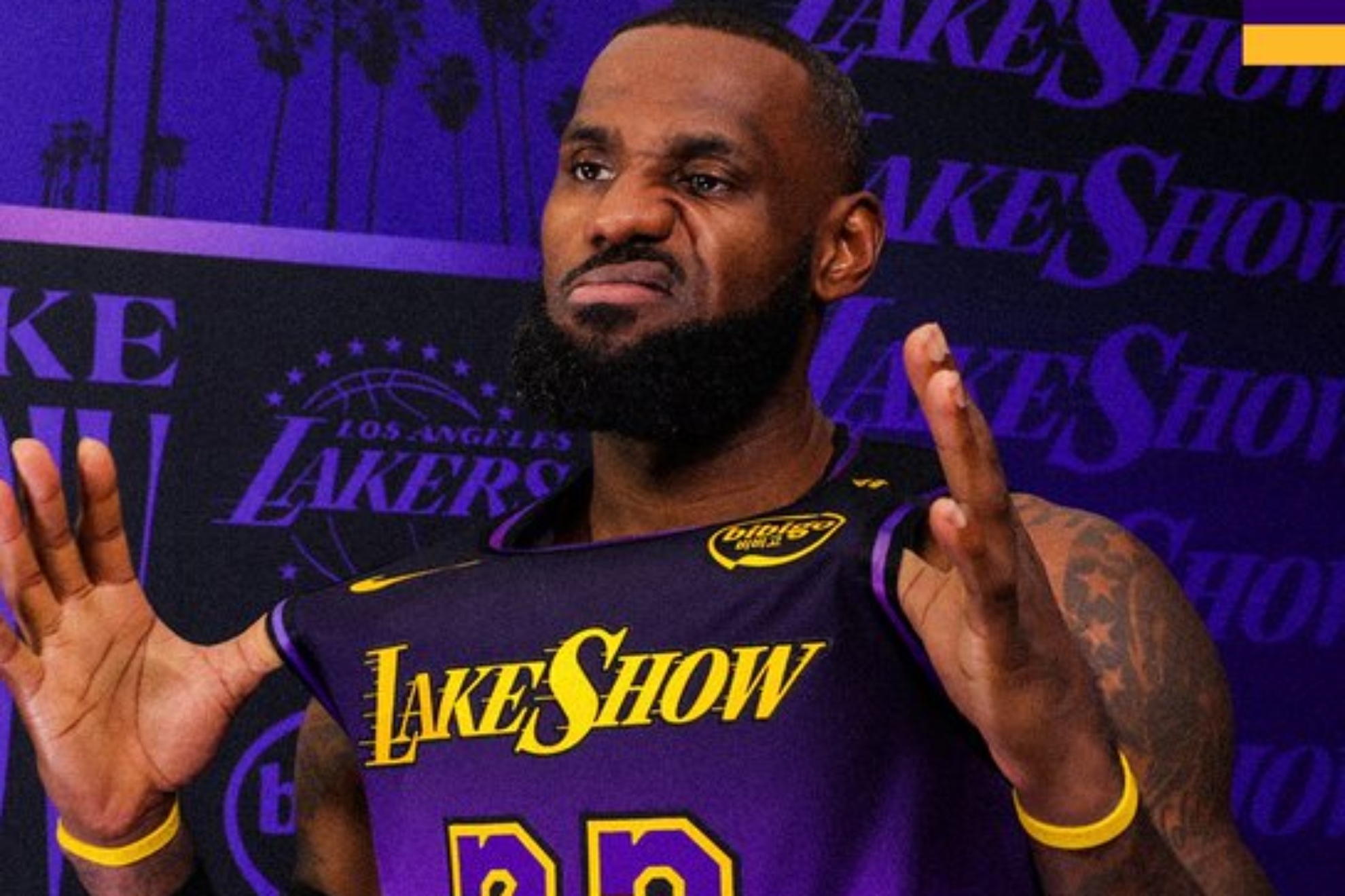 LeBron James on a photoshoot for the Los Angeles Lakers City Edition uniforms.