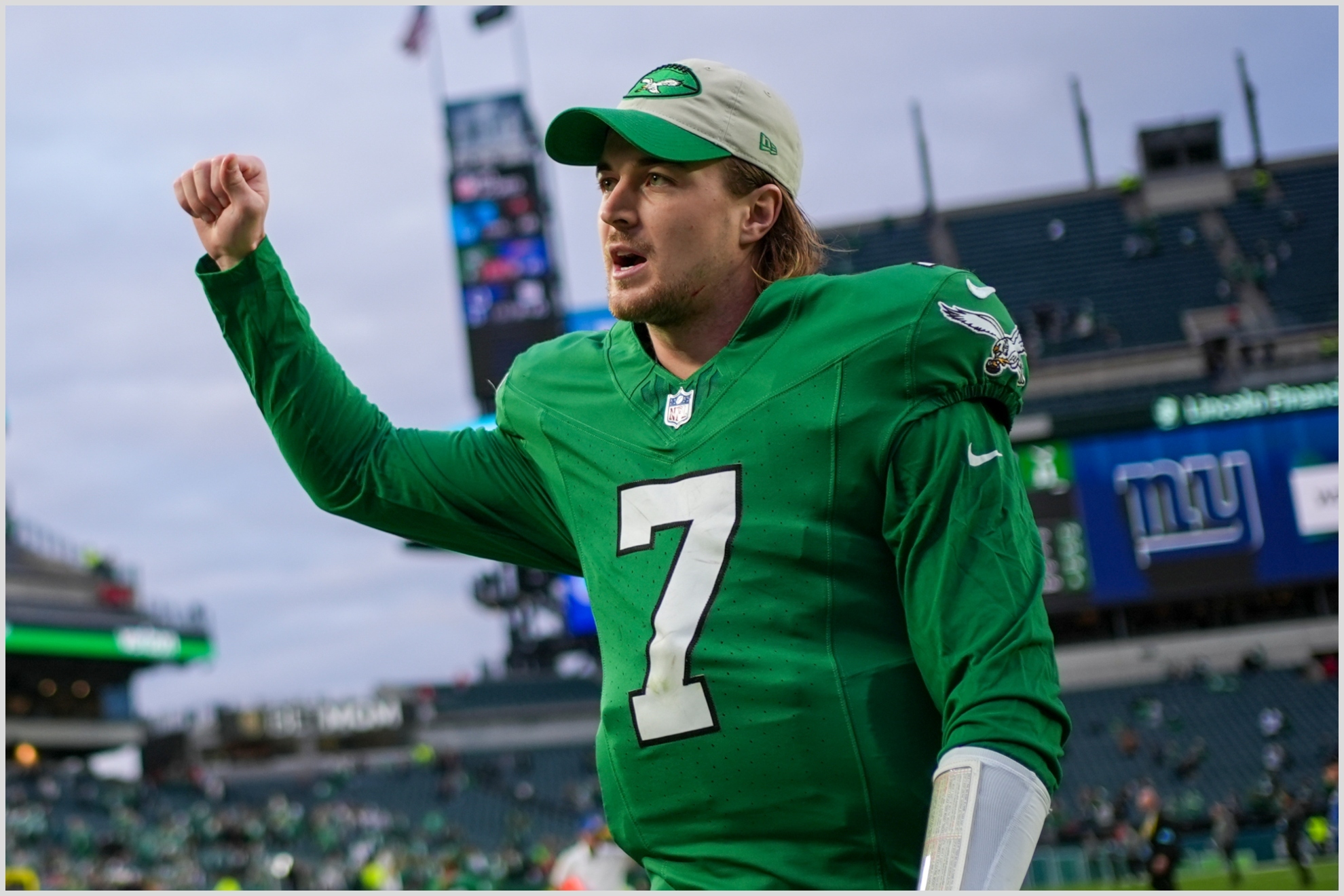 Philadelphia Eagles quarterback Kenny Pickett leaves the field following an NFL football game against the Dallas Cowboys, Sunday, Dec. 29, 2024, in Philadelphia. The Eagles won 41-7.