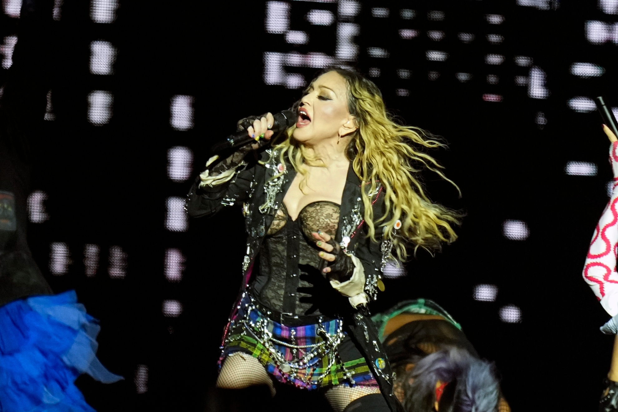 Madonna performs in the final show of her The Celebration Tour in Brazil.