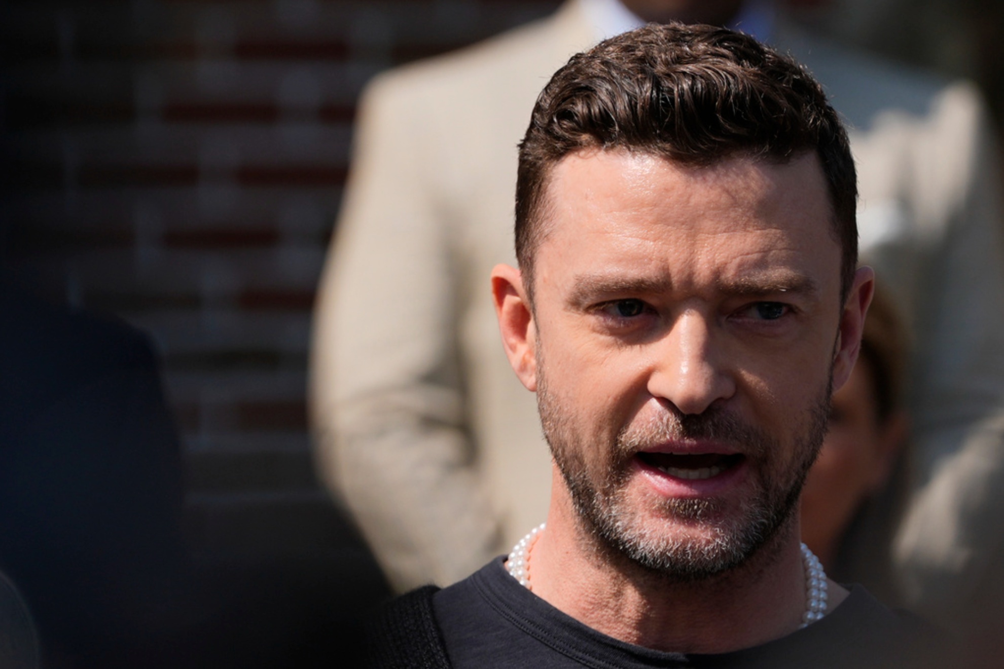 Justin Timberlake speaks to the press after a court hearing, Friday, Sept. 13, 2024, in Sag Harbor, N.Y.