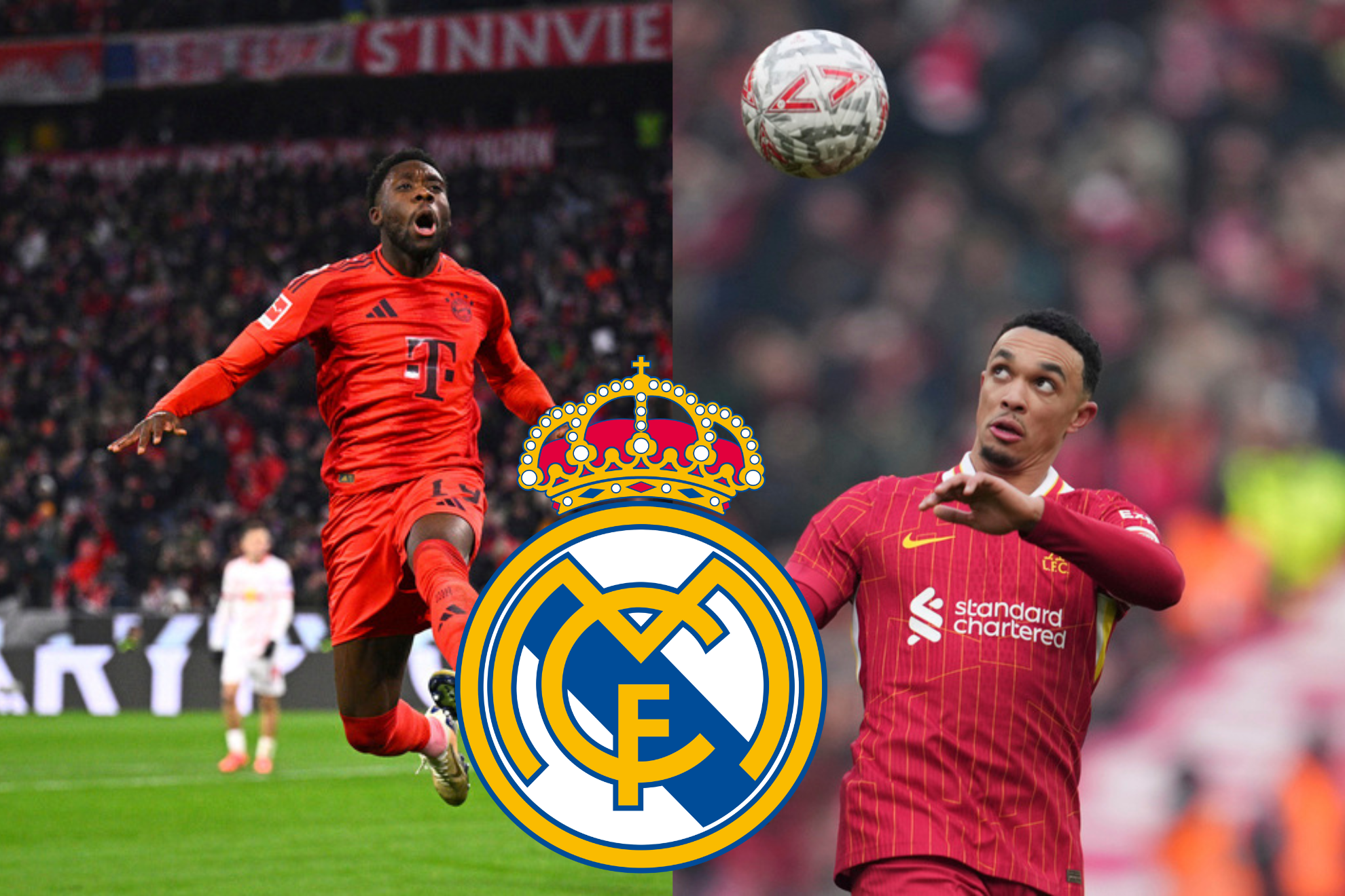 A montage with images of Alphonso Davies, Alexander Arnold and the Real Madrid crest.