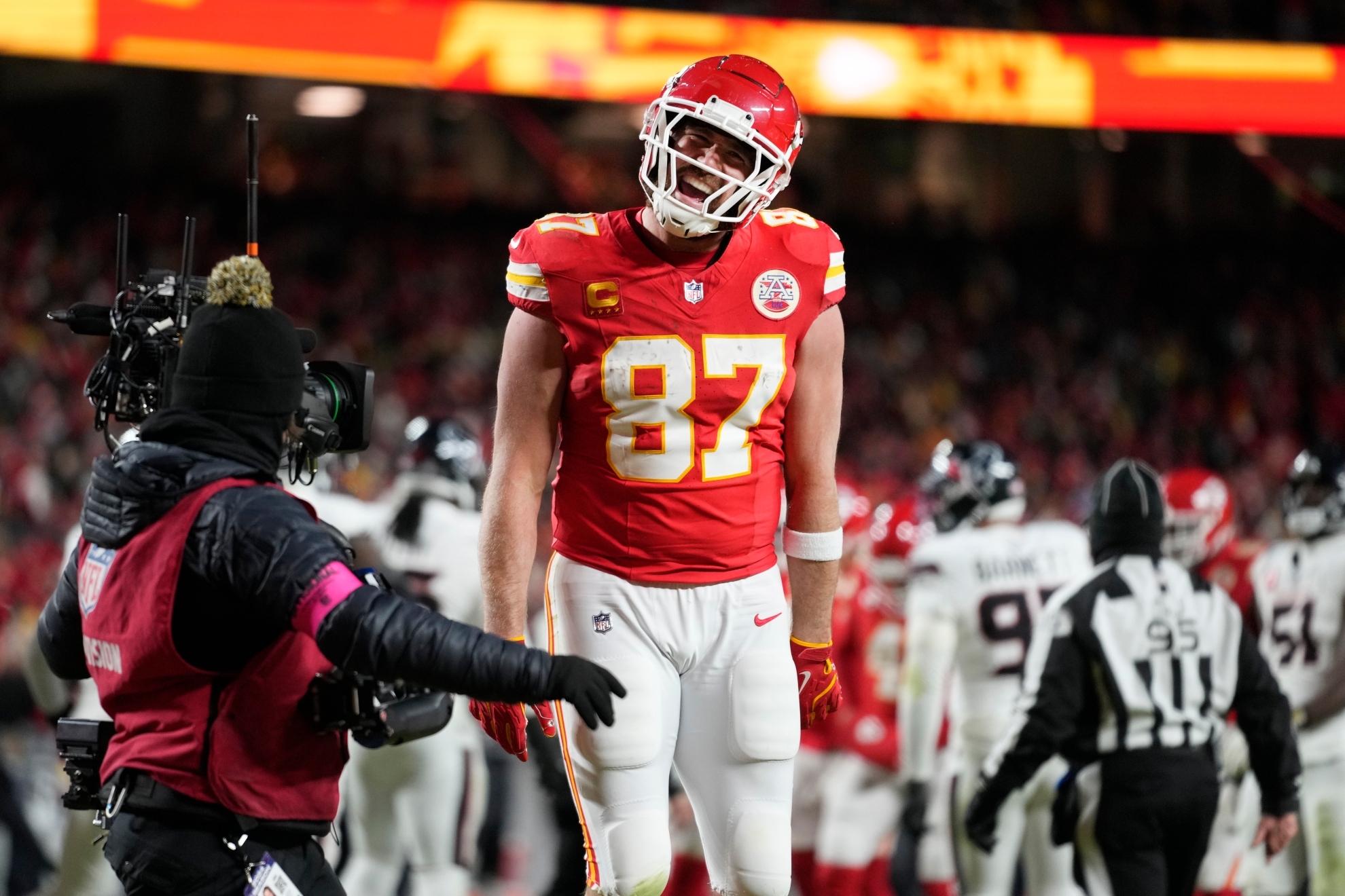 Travis Kelce after scoring a touchdown against the Houston Texans in the 2025 divisional round.