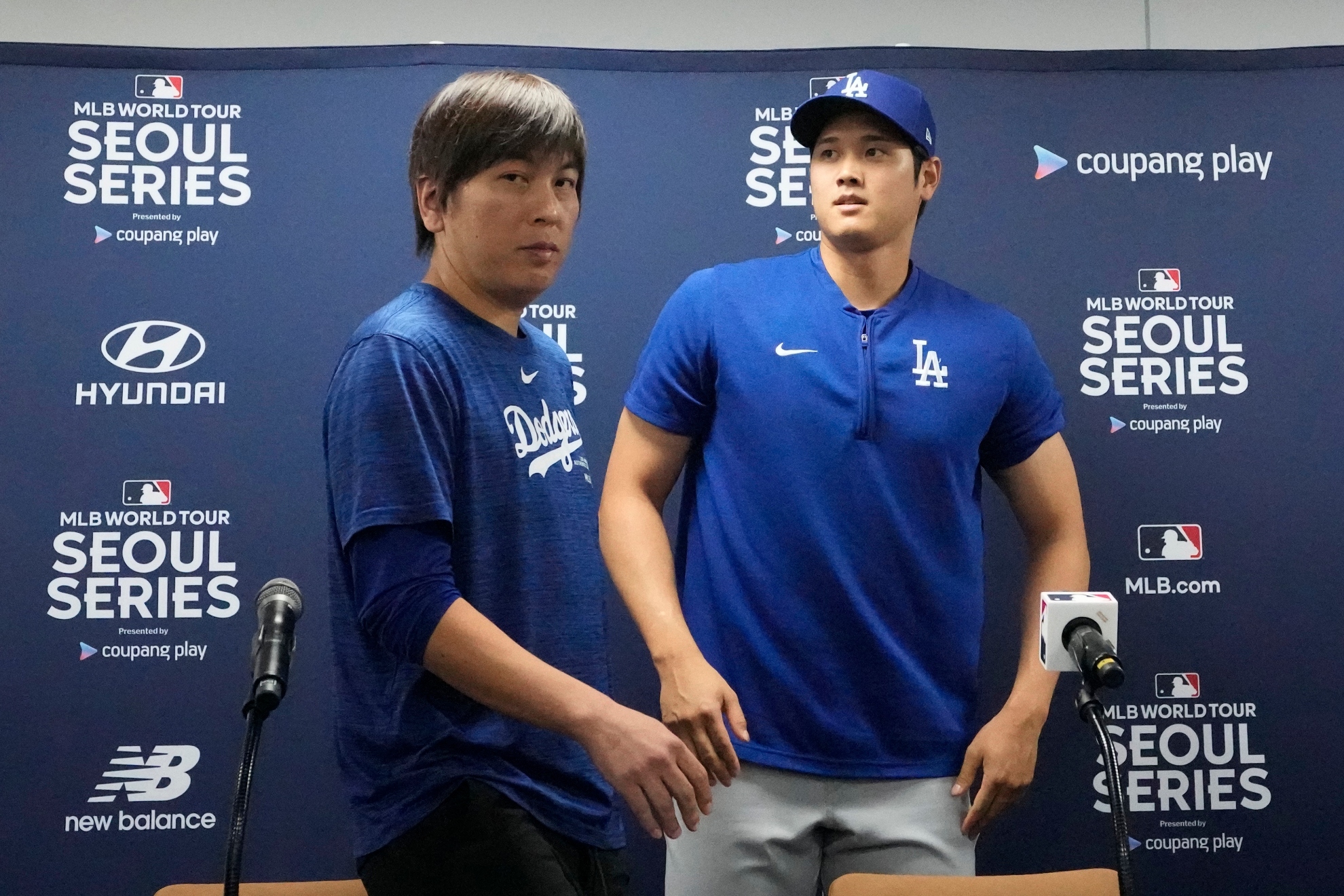 Los Angeles Dodgers Shohei Ohtani, right, and his interpreter, Ippei Mizuhara, leave after at a news conference ahead of a baseball workout at Gocheok Sky Dome in Seoul, South Korea, Saturday, March 16, 2024. Ohtanis interpreter and close friend has been fired by the Dodgers following allegations of illegal gambling and theft from the Japanese baseball star.