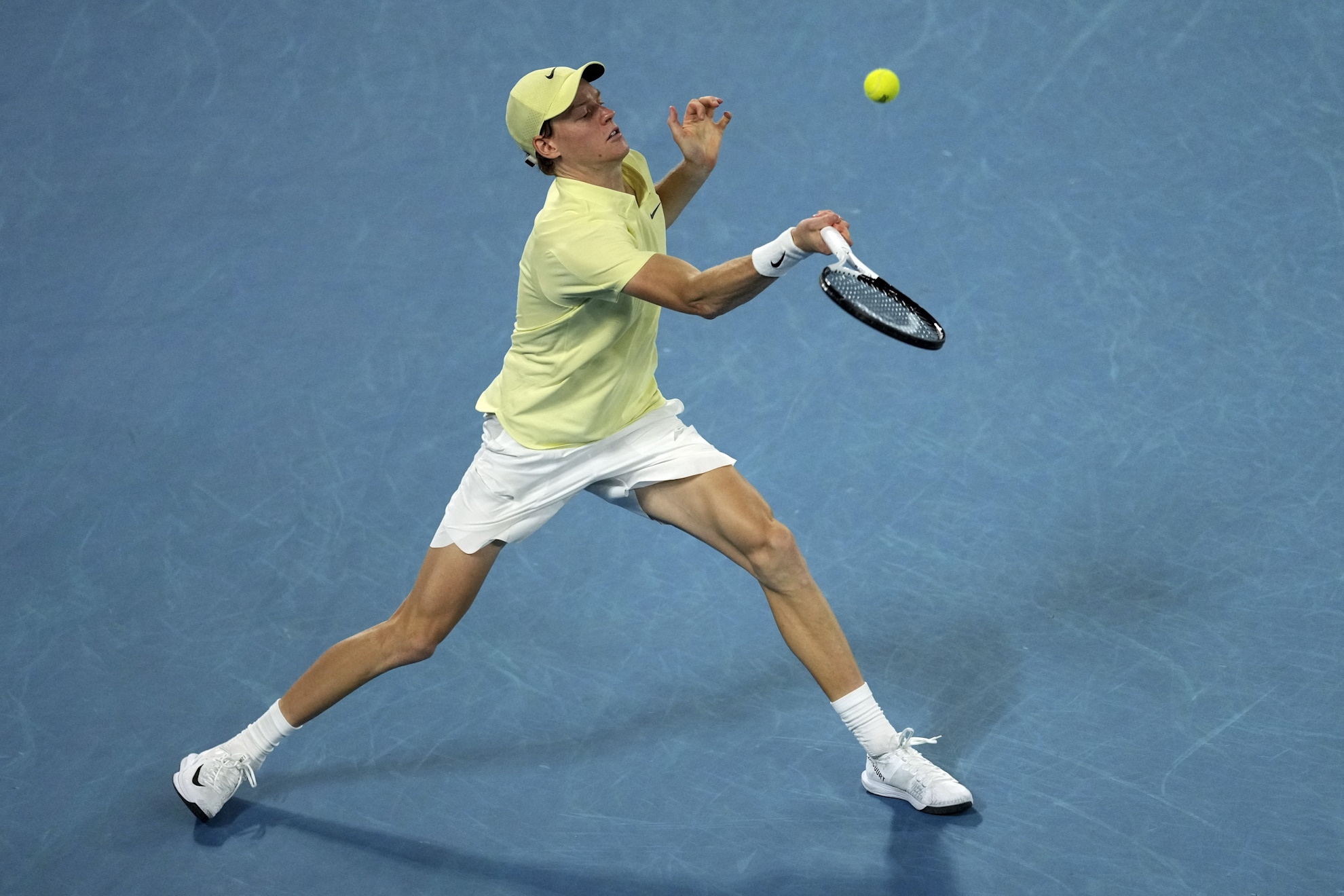 Jannik Sinner of Italy plays a forehand return to Alexander Zverev of Germany in the mens singles final at the Australian Open.