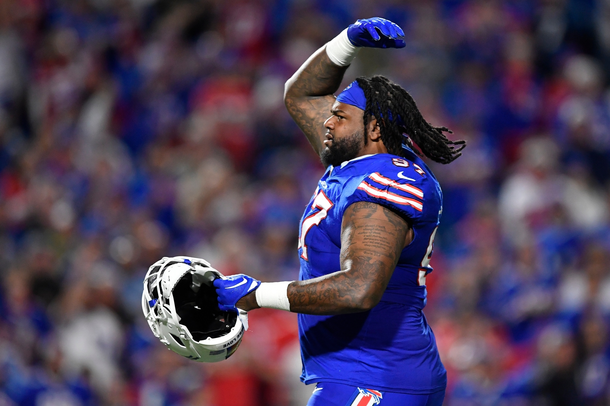 Buffalo Bills defensive tackle Jordan Phillips (97) gestures to the crowd in the second half of an NFL football game against the Tampa Bay Buccaneers, Thursday, Oct. 26, 2023, in Orchard Park, N.Y.