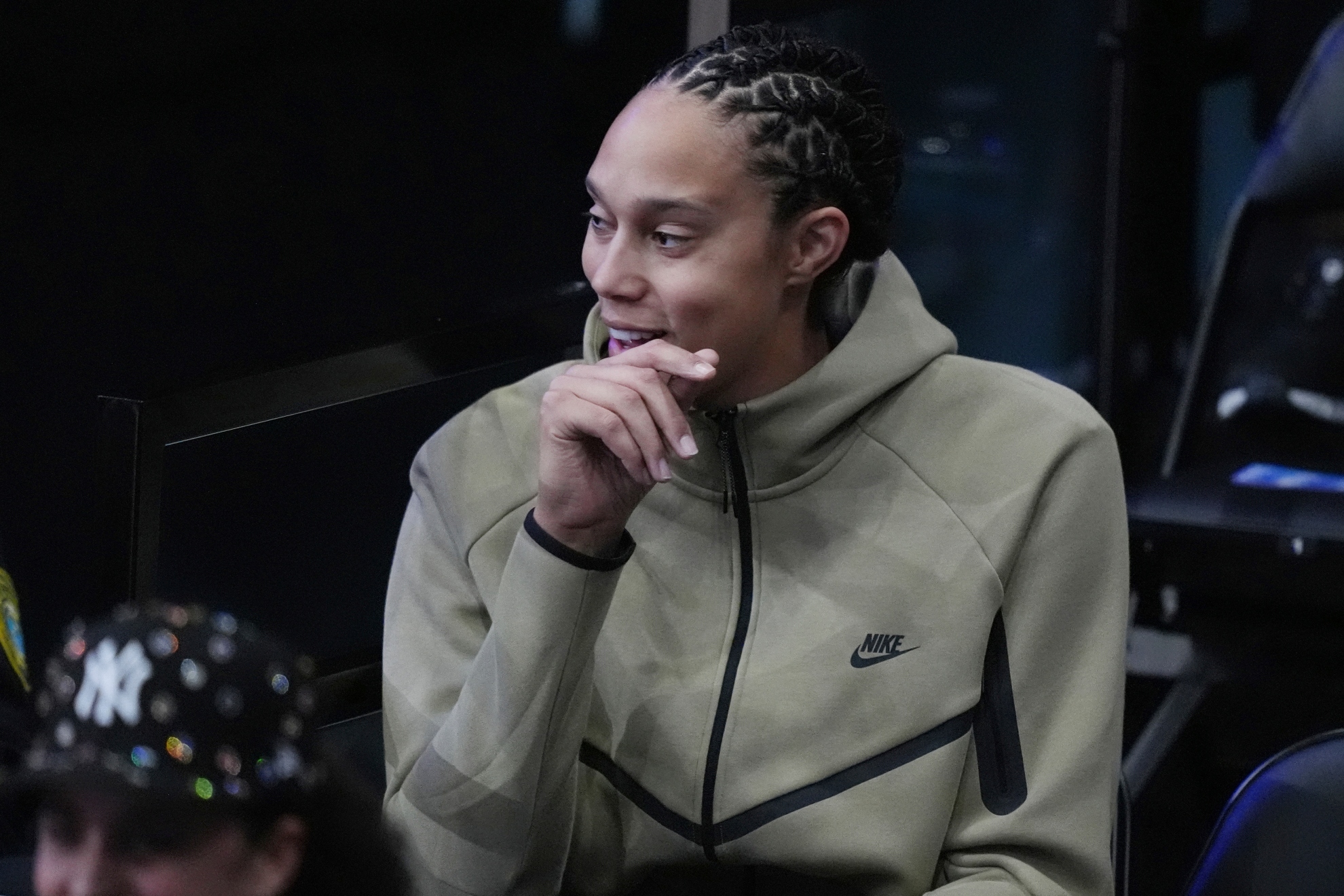 Brittney Griner watches the second half of the inaugura Unrivaled 3-on-3 basketball game between the Lunar Owls and the Mist.