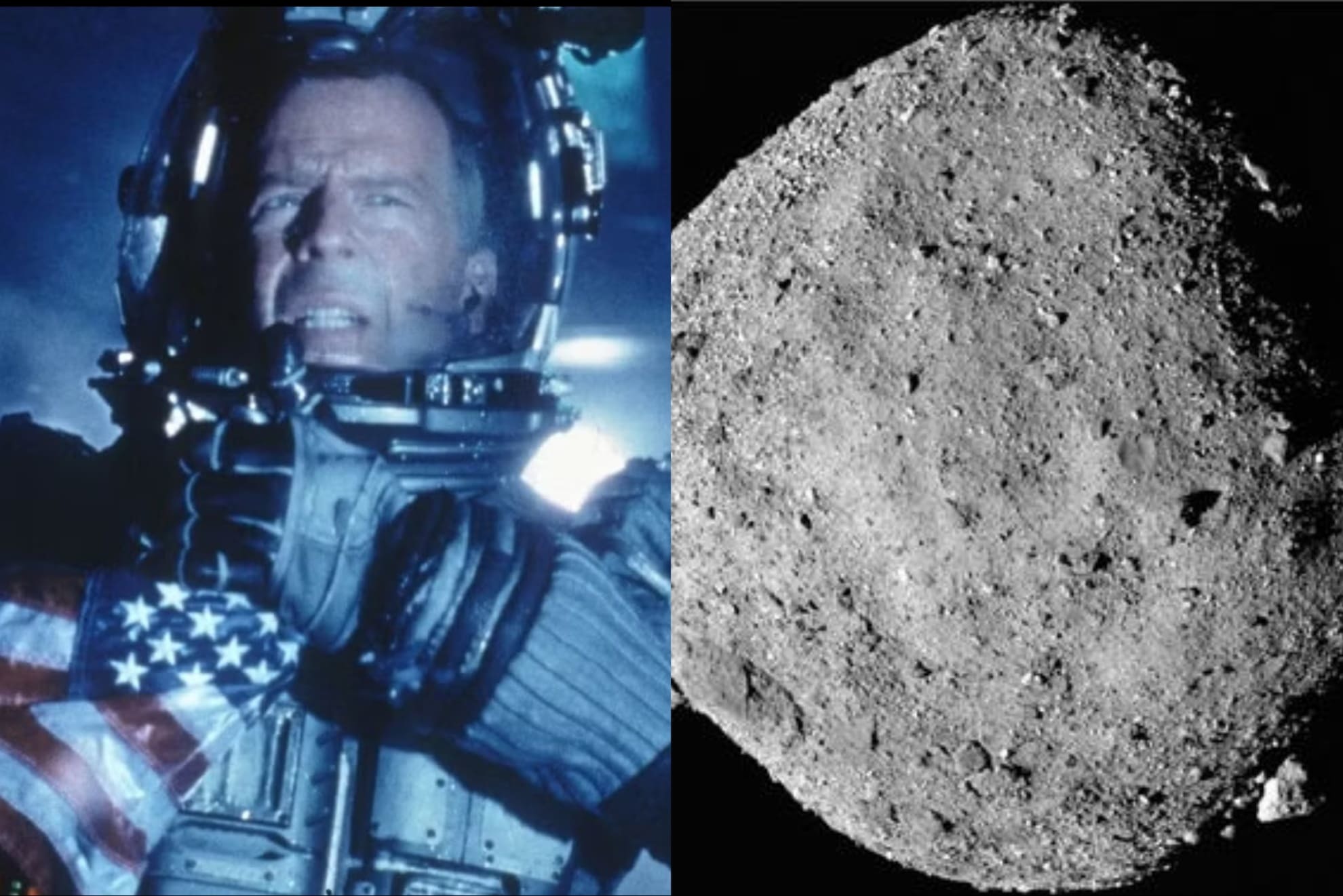 Bruce Willis in the movie Armageddon and a NASA image of an asteroid.