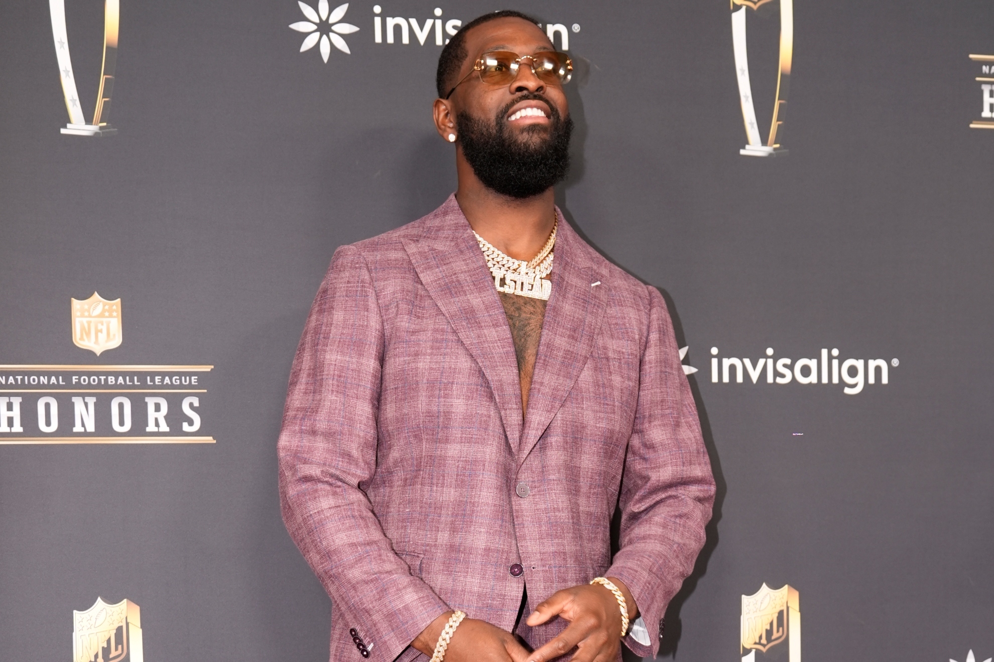 Terron Armstead, of the Miami Dolphins, poses on the red carpet at the NFL Honors award show ahead of the Super Bowl 59 football game, Thursday, Feb. 6, 2025, in New Orleans.