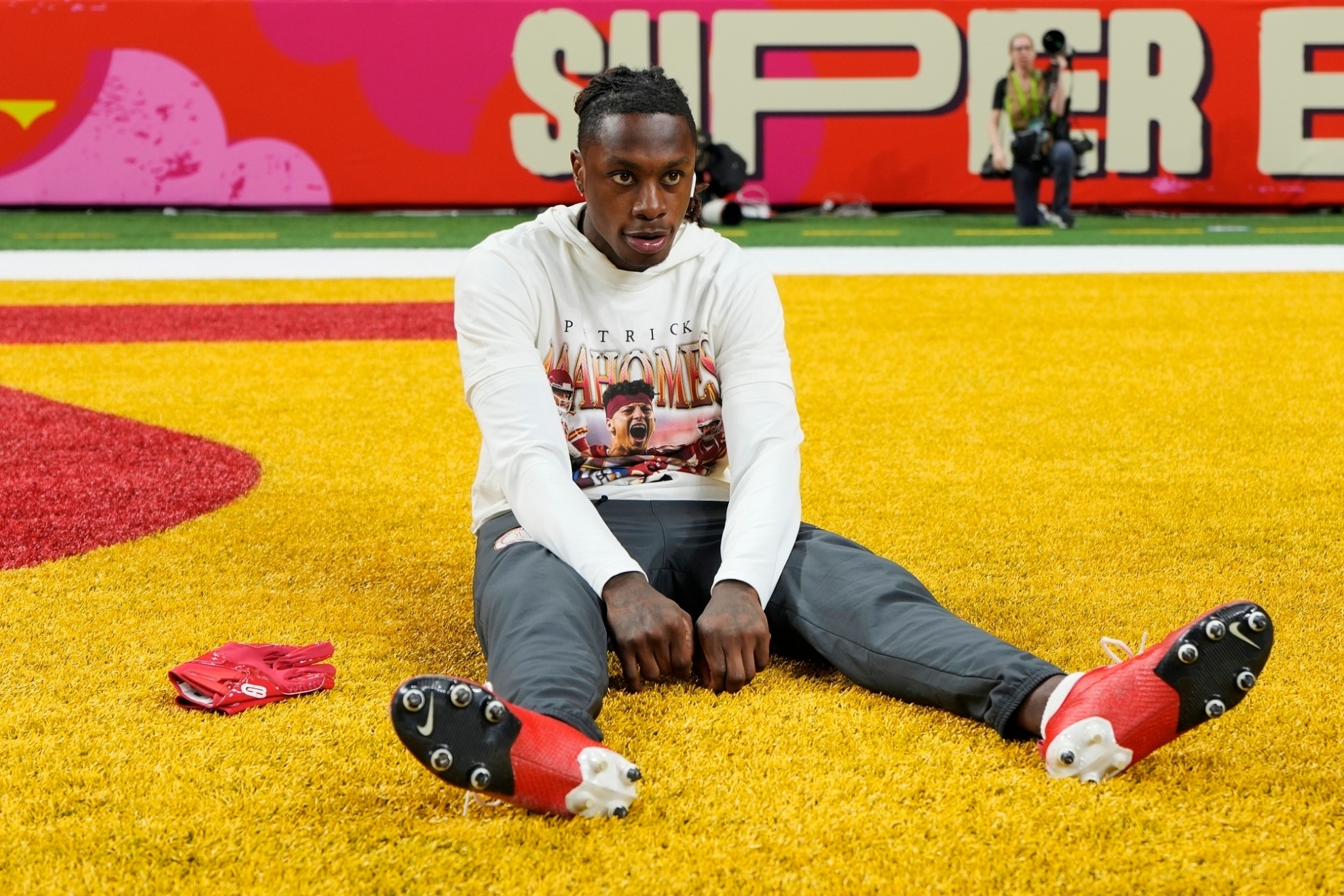 Kansas City Chiefs wide receiver Xavier Worthy stretches on the field prior to the NFL Super Bowl 59 football game against the Philadelphia Eagles, Sunday, Feb. 9, 2025, in New Orleans.