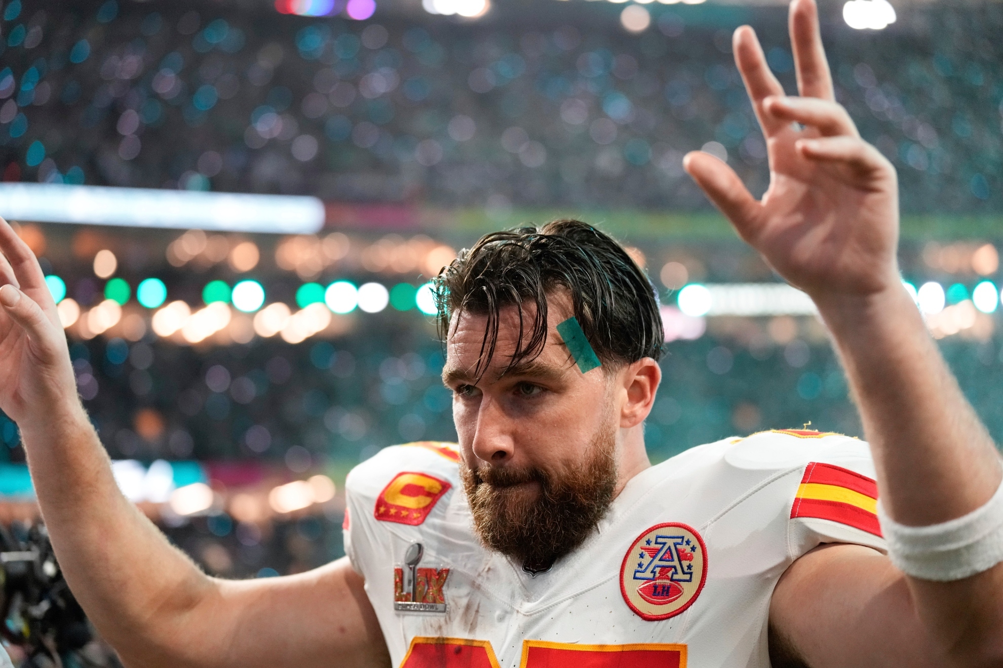 Kansas City Chiefs tight end Travis Kelce walks off the field after a loss to the Philadelphia Eagles during the NFL Super Bowl 59 football game, Sunday, Feb. 9, 2025, in New Orleans.