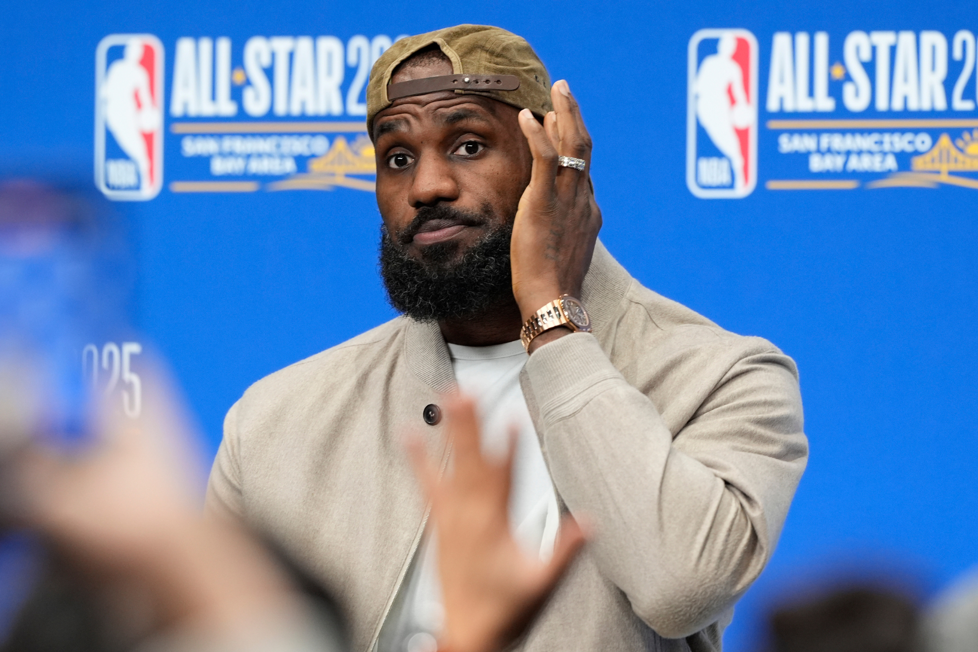 LeBron James speaks to the media right before the 2025 NBA All-Star Game.