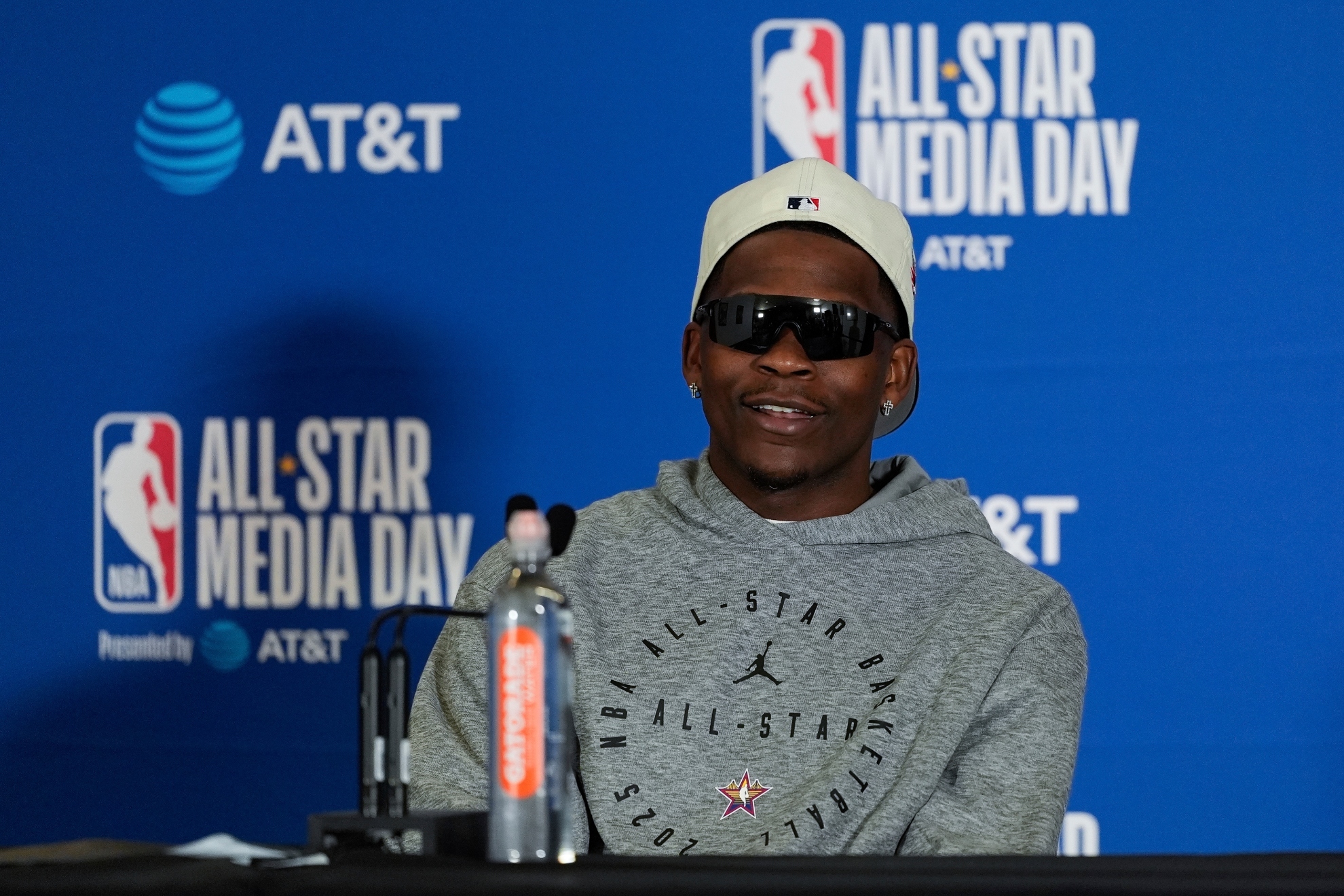 Anthony Edwards, of the Minnesota Timberwolves, speaks to media during the NBA All-Star game media day, Saturday, Feb. 15, 2025, in Oakland, Calif.