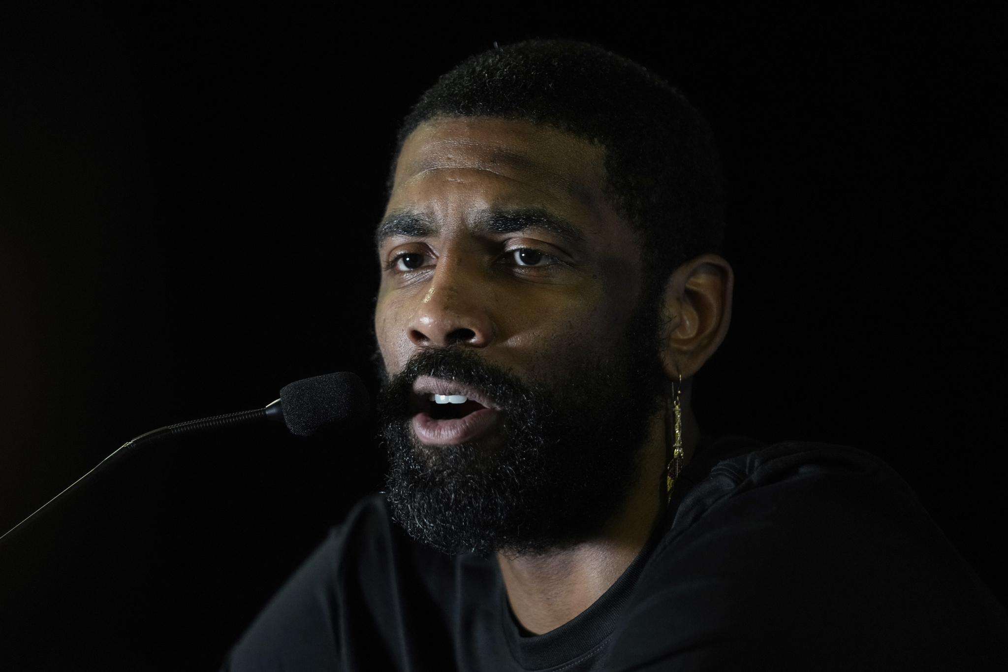 Kyrie Irving, of the Dallas Mavericks, speaks to media during the NBA All-Star game media day