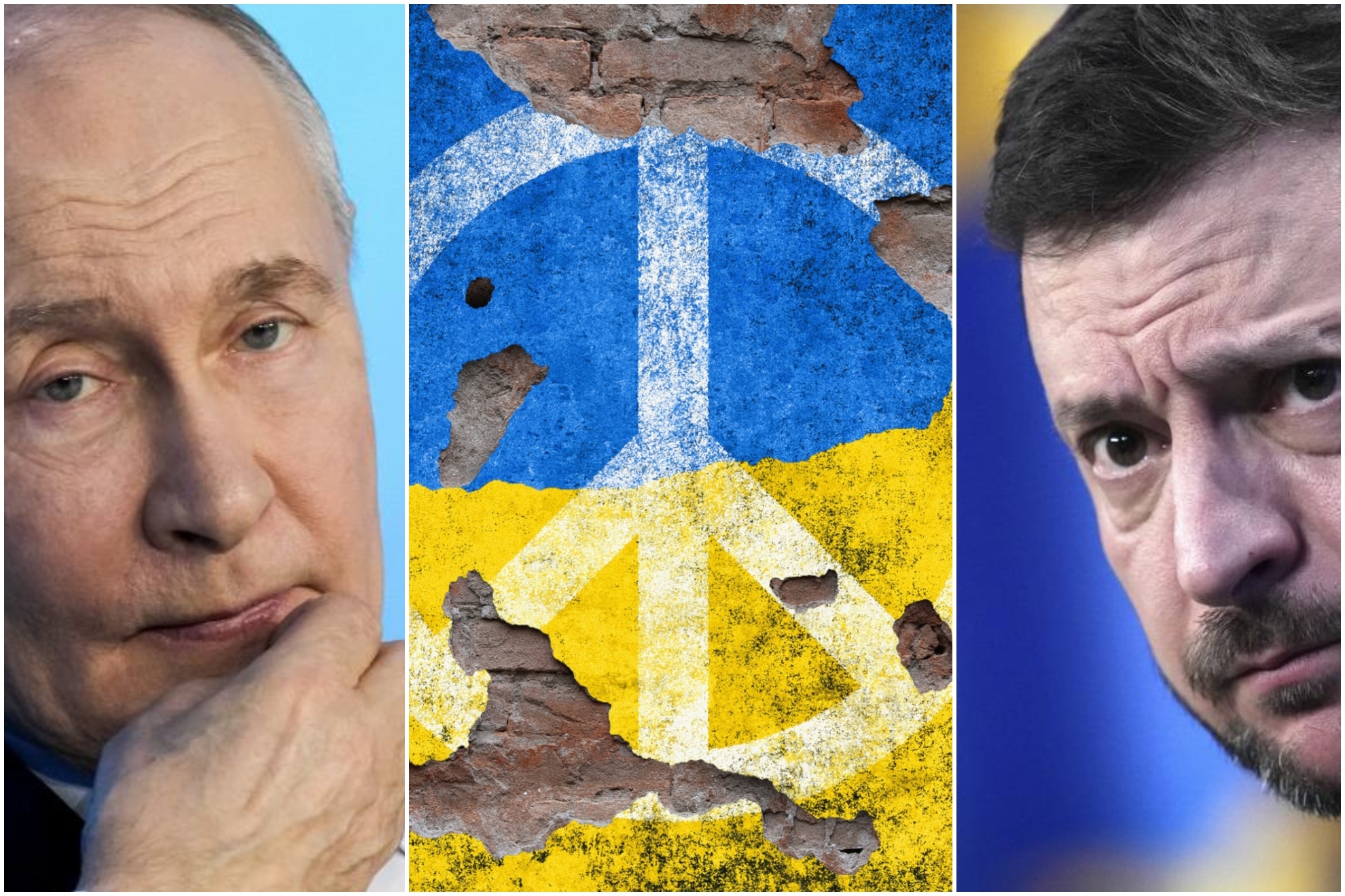 Putin, Zelensky and a shot-up Ukrainian flag with the peace symbol.