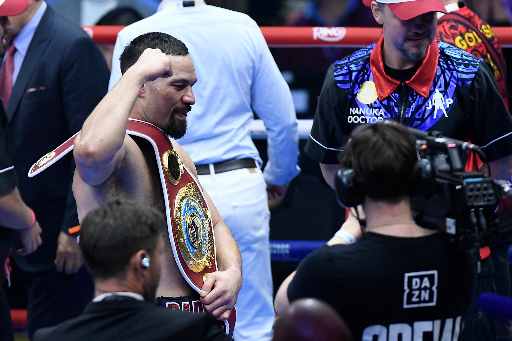 Joseph Parker, left, celebrates after defeating Martin Bakole in the WBO Interim World Heavyweight fight at Kingdom Arena in Riyadh, Saudi Arabia, Sunday, Feb. 23, 2025.